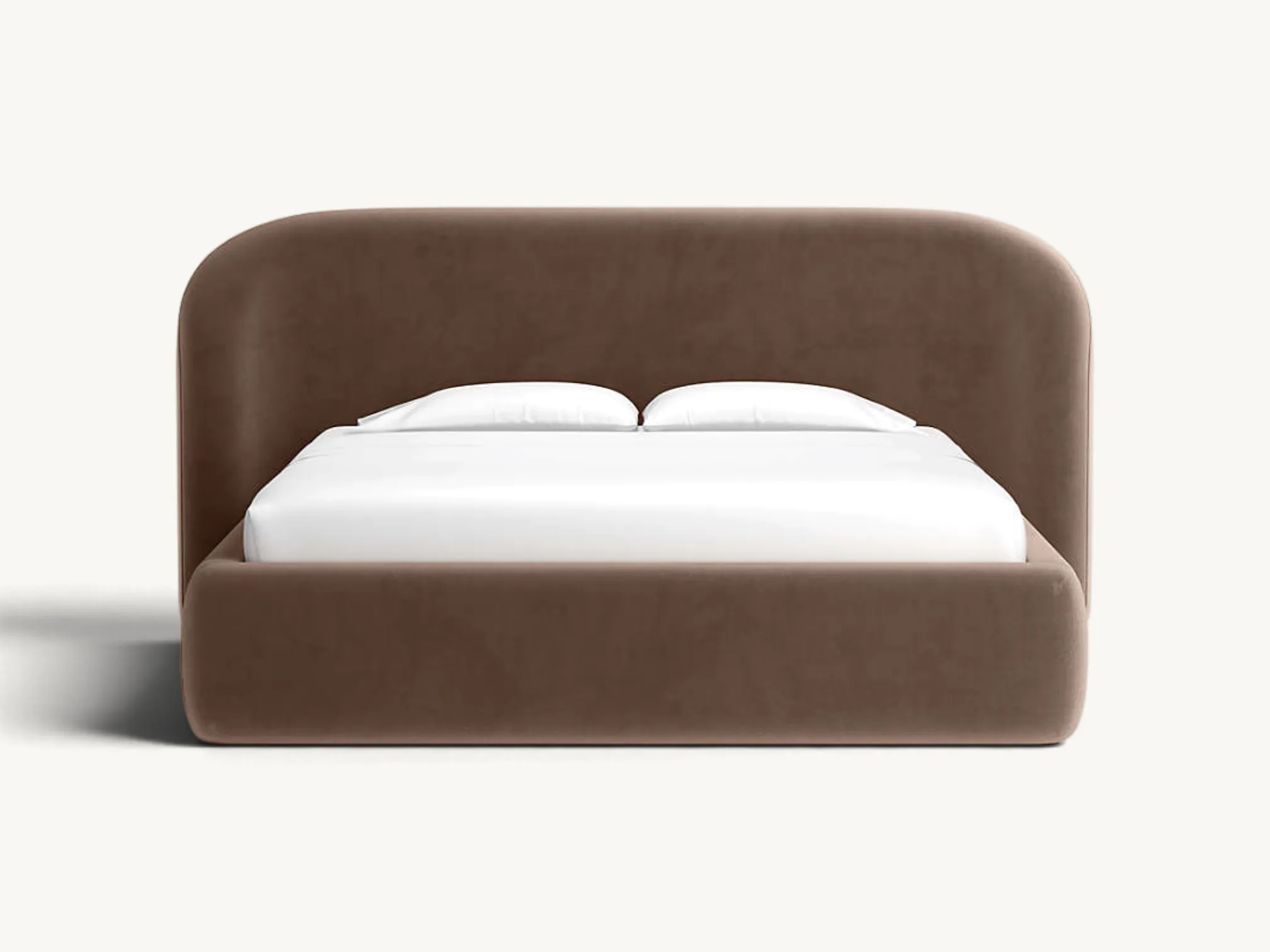 Low-profile upholstered platform bed frame in rich brown fabric with a rounded headboard