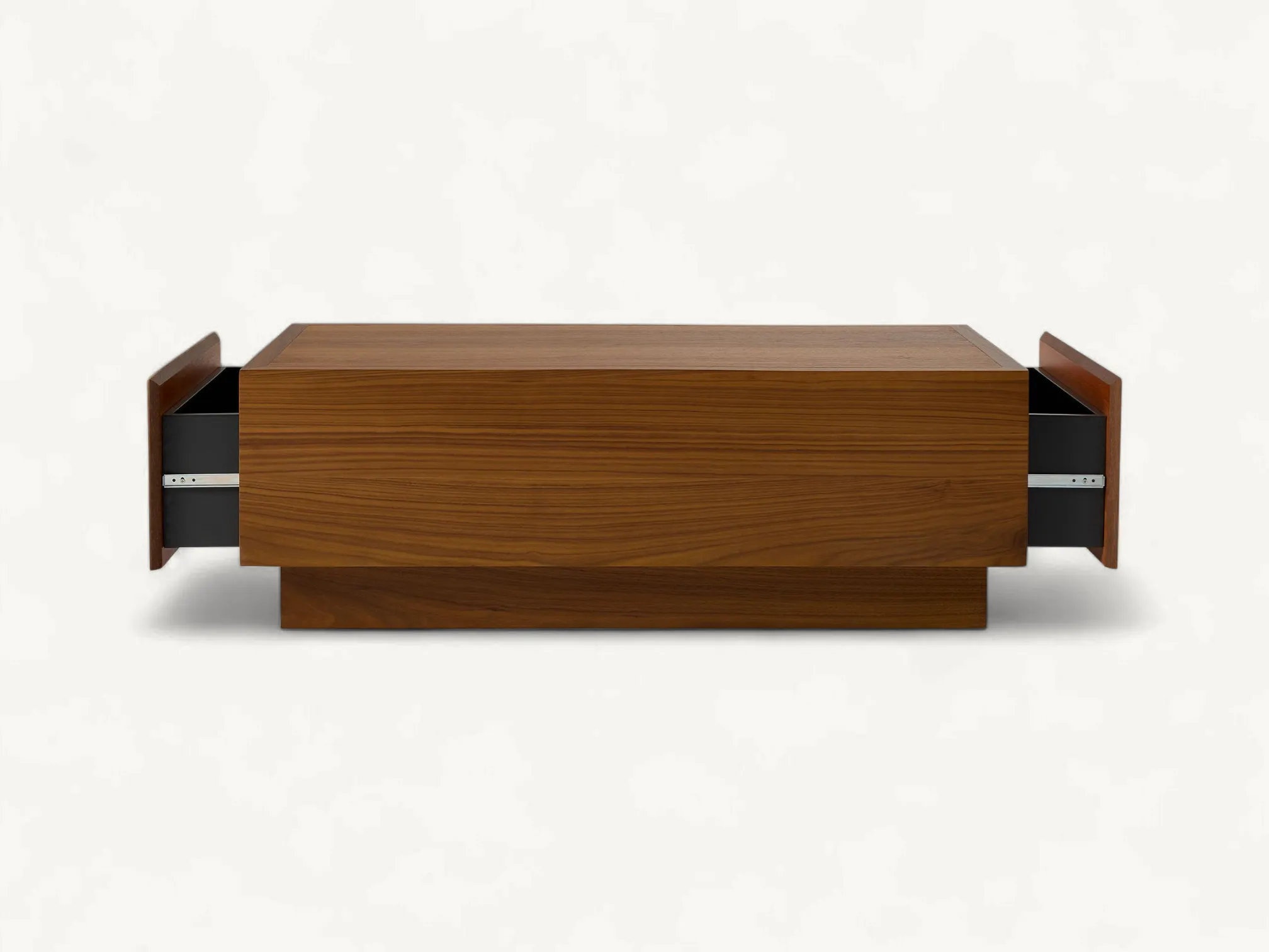 Modern teak wood coffee table with plinth base and dual side drawers.