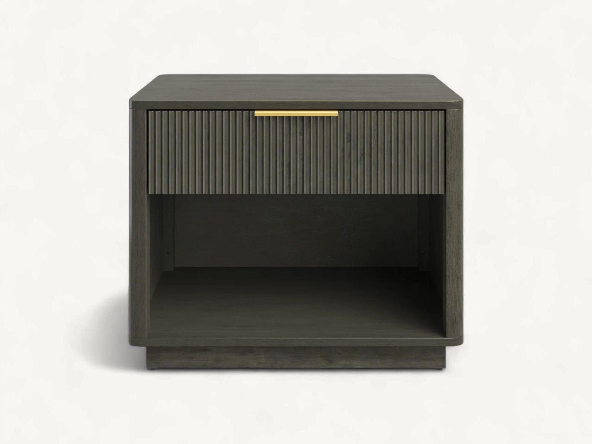 Natural teak wood nightstand featuring a woven rattan drawer front, an open cubby space, and elegant tapered legs.