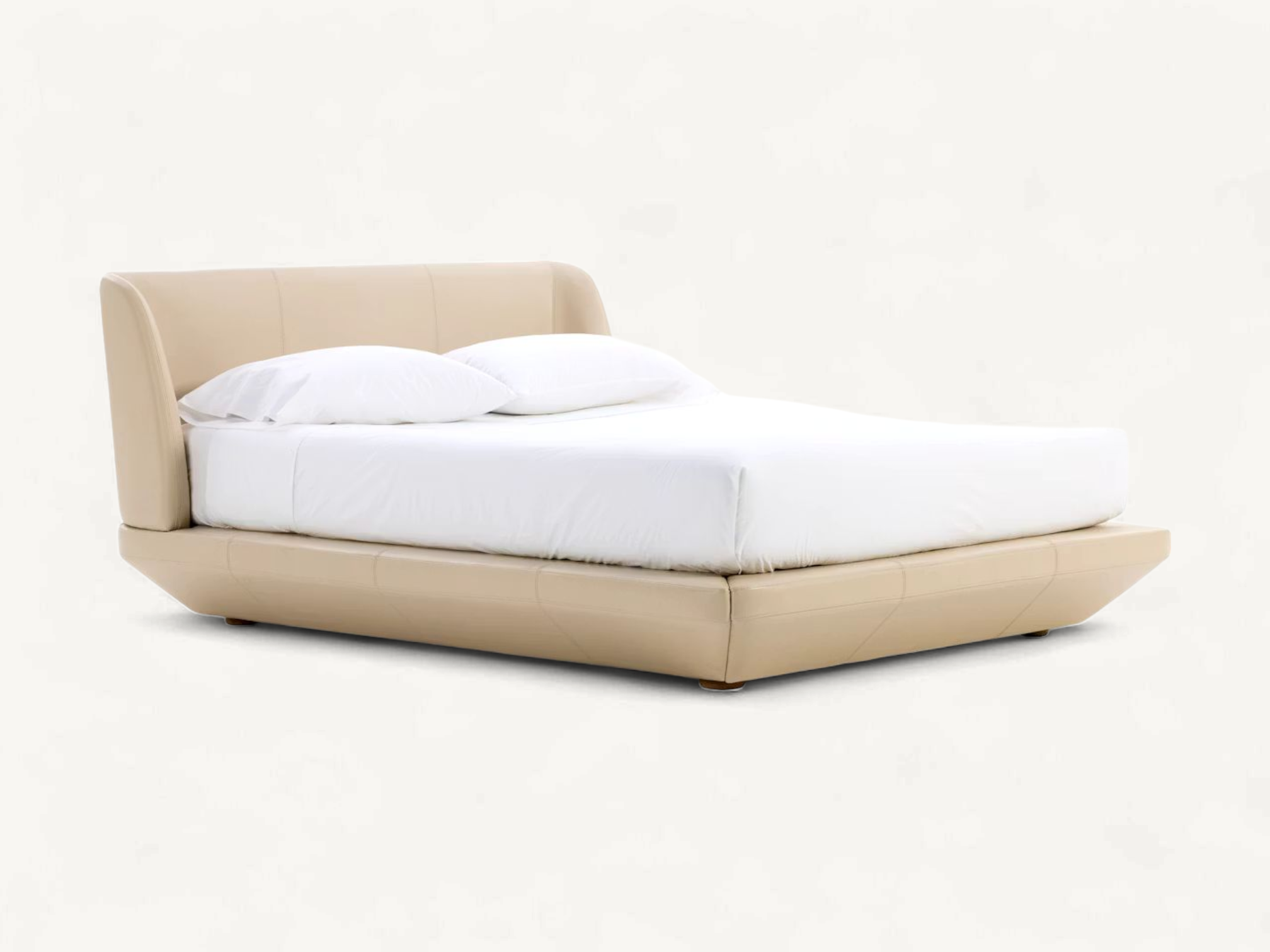 Contemporary upholstered platform bed with an inward-tapering lower frame base and a cushioned headboard with subtly forward-curving sides, shown in beige leather and cream textured fabric variations.