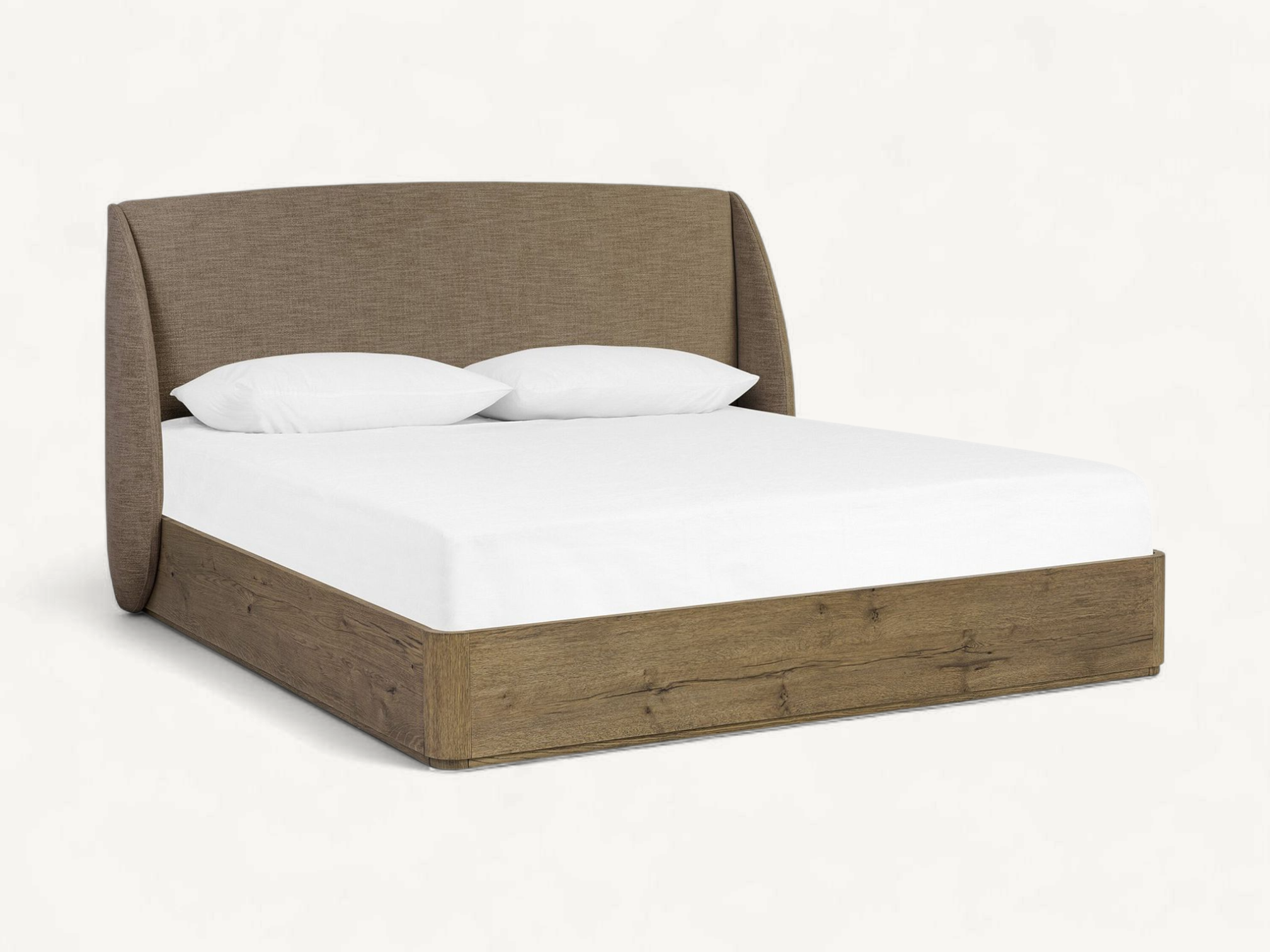 A low-profile platform bed featuring a natural oak wood frame with rounded corners, a sturdy wooden slat support system, and an integrated high wingback headboard upholstered in textured brown fabric.