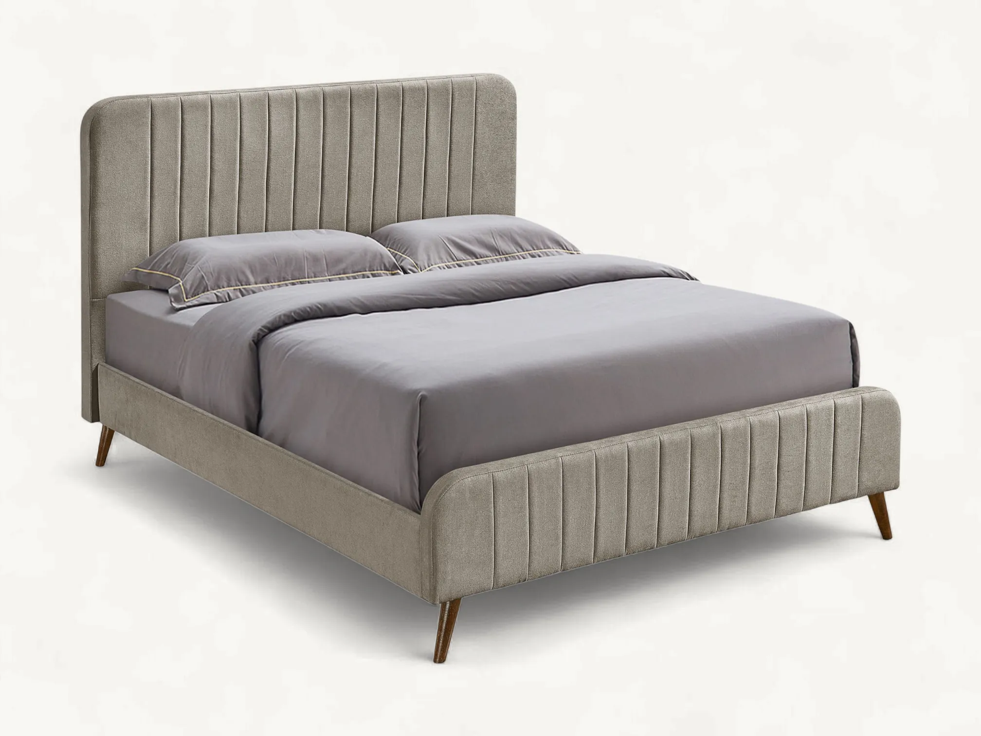 Mid-century modern upholstered bed frame with tapered teak wood legs and channeled tufted headboard.