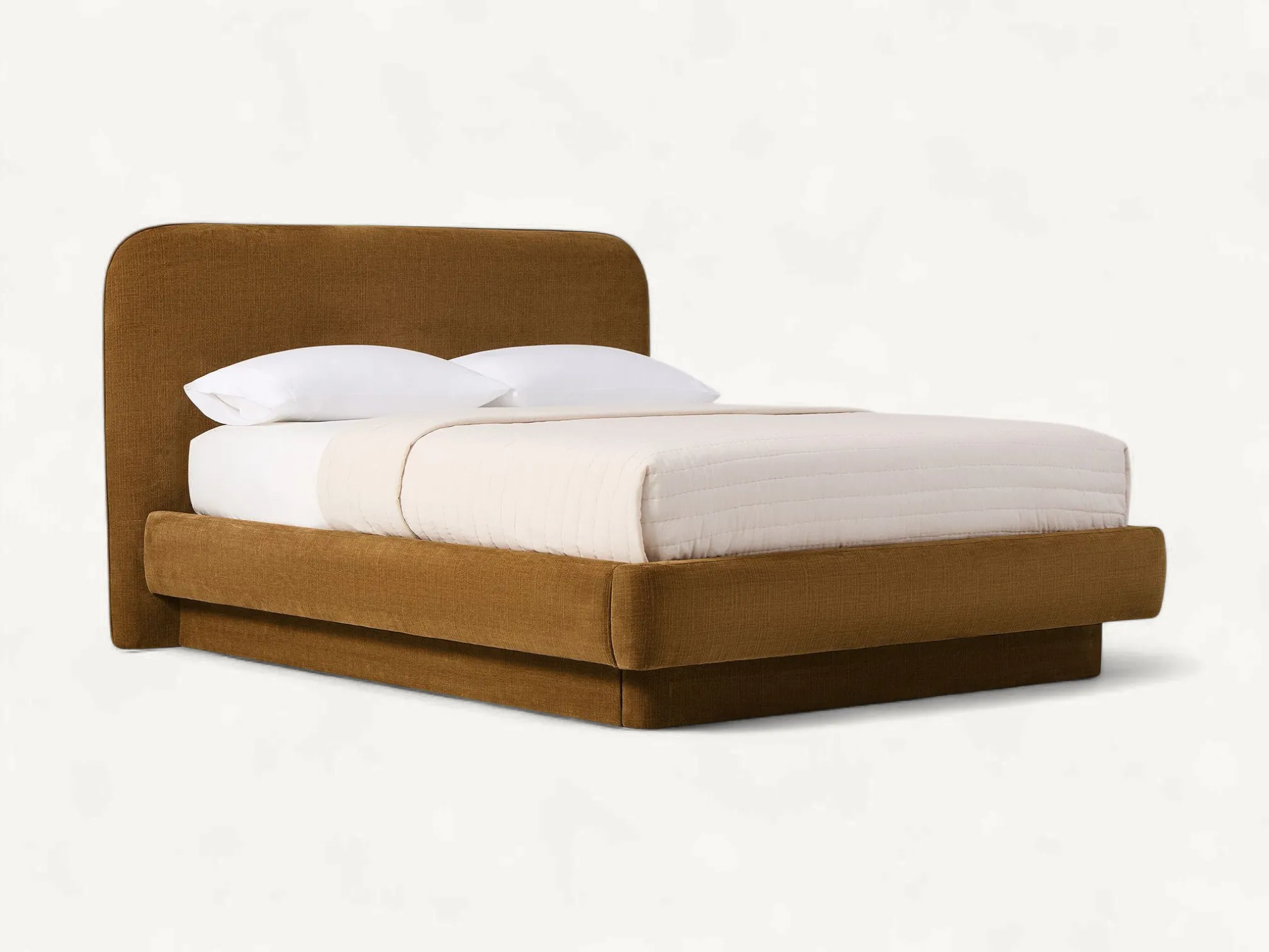 Low-slung natural oak platform bed featuring a thin-frame wooden headboard with two large, removable beige fabric backrest cushions and an integrated wooden slat support base.