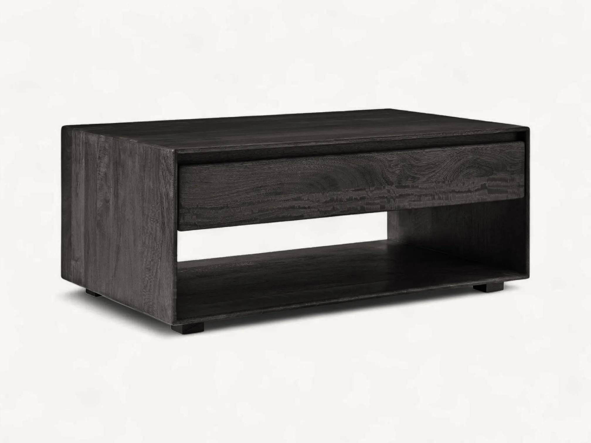 Minimalist solid teak wood coffee table with storage drawer and open shelf.