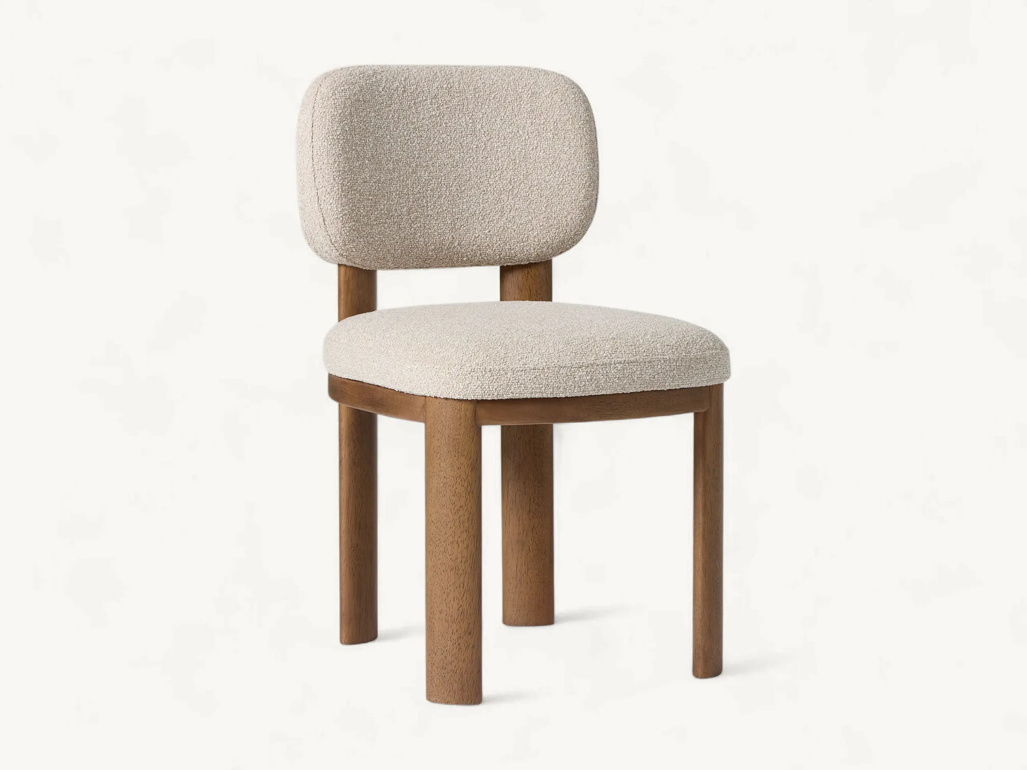 Japandi style solid teak wood dining chair with cream bouclé upholstery and thick cylindrical legs.