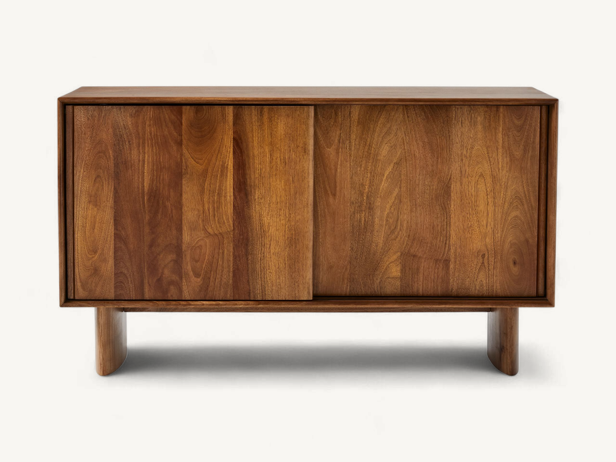 Rich dark-toned solid teak media sideboard featuring two large sliding doors and distinctive curved architectural legs.