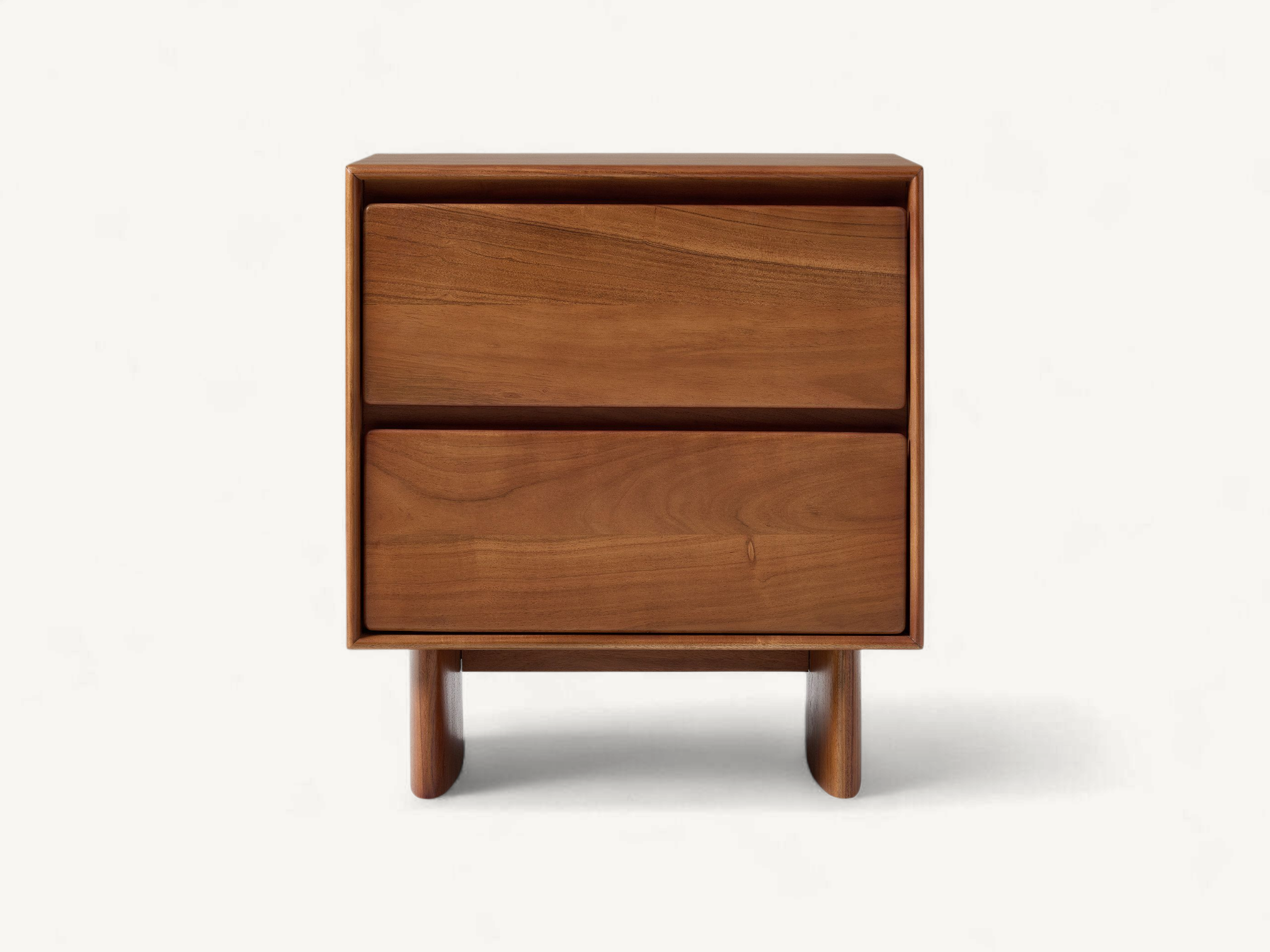 Solid teak wood nightstand with dual drawers and architectural plinth base featuring natural wood grain.