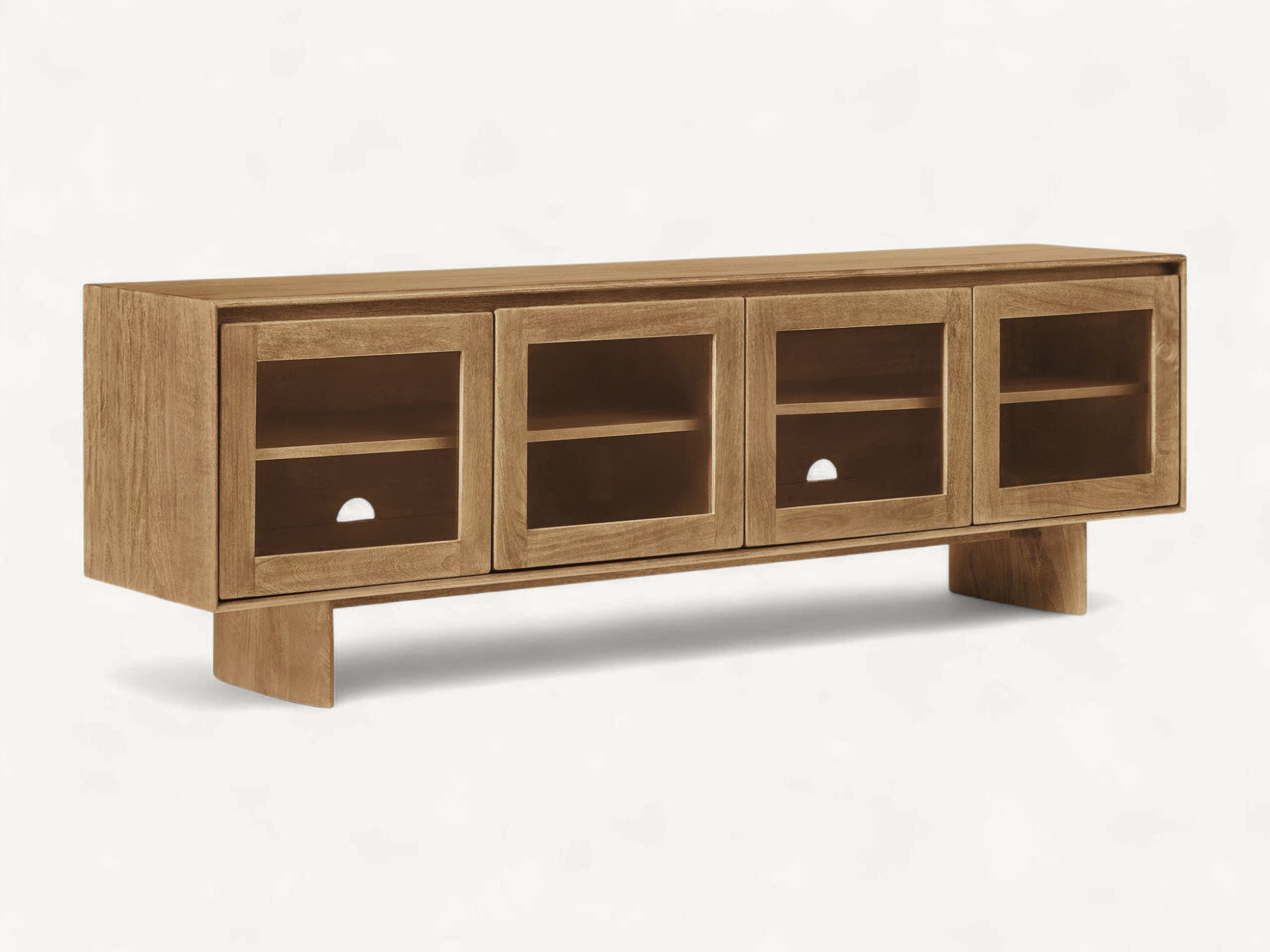 Mid-century solid teak TV console with four glass doors and internal shelving for media storage.