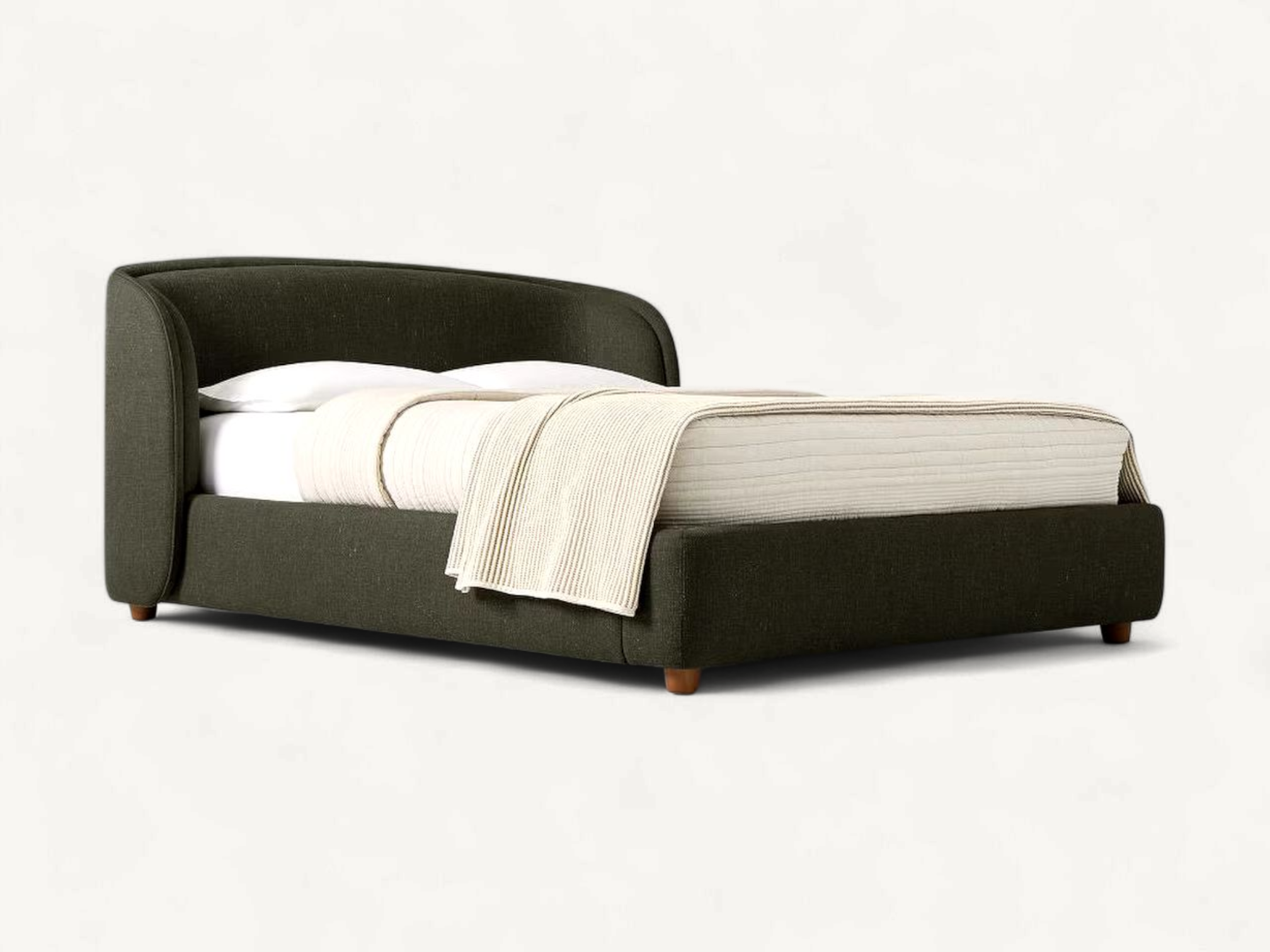 Modern low-profile upholstered platform bed in dark olive green fabric with a curved headboard and natural wood feet.