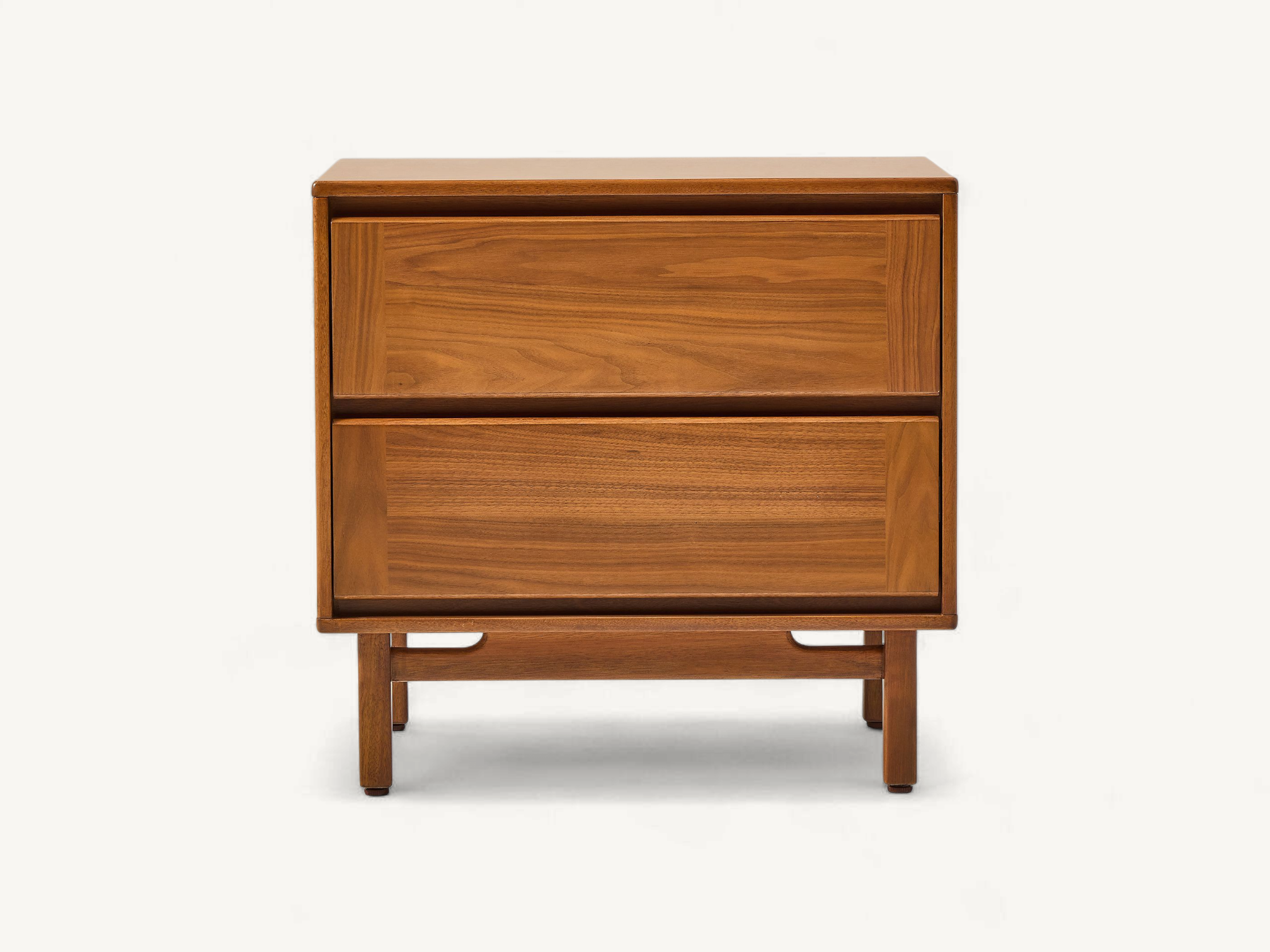 Minimalist teak wood nightstand featuring two wide drawers with integrated finger pulls and a tapered leg base with a curved crossbar.
