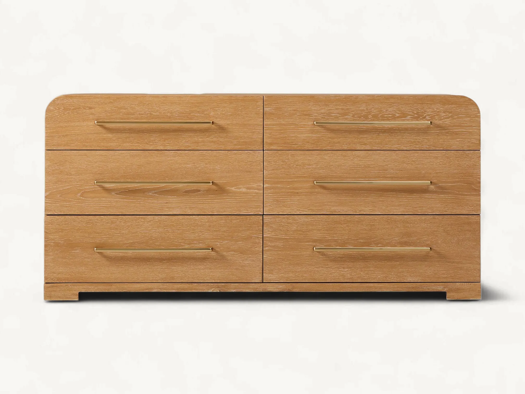 Modern teak wood 6-drawer dresser with curved edges and long gold brass handles.