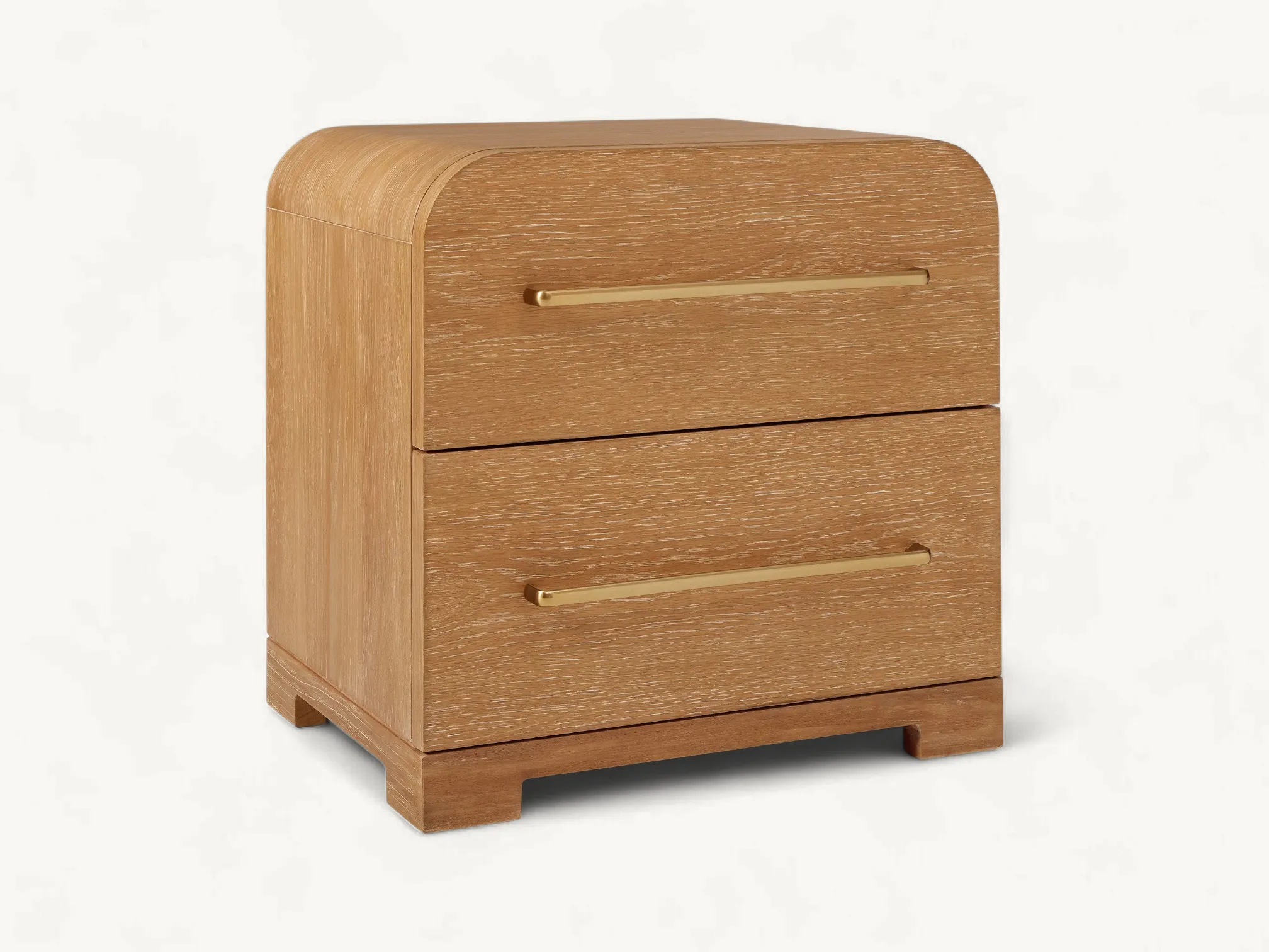 Mid-century teak wood nightstand with two drawers, curved top edges, and slim gold metal handles.
