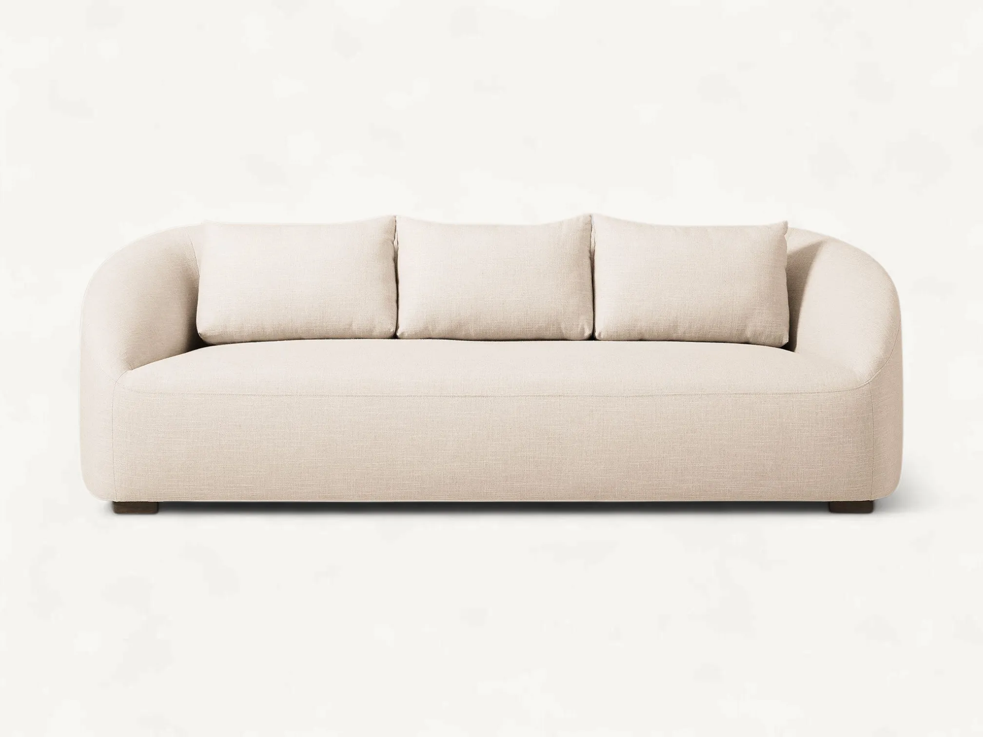 Minimalist low-profile sofa with cream linen upholstery and hidden solid teak wood base.