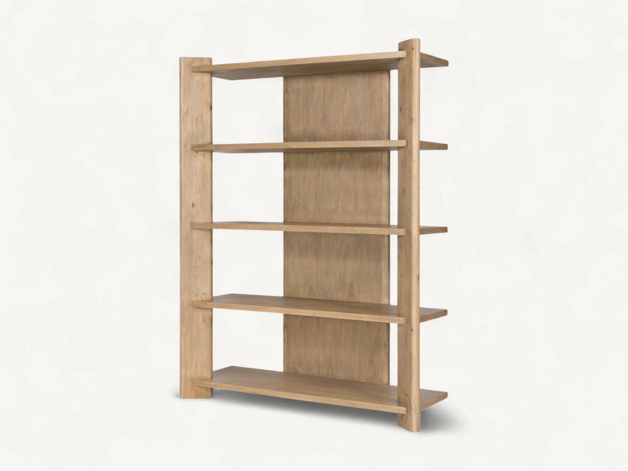 Minimalist solid teak wood open bookcase with five tiers and natural raw finish.