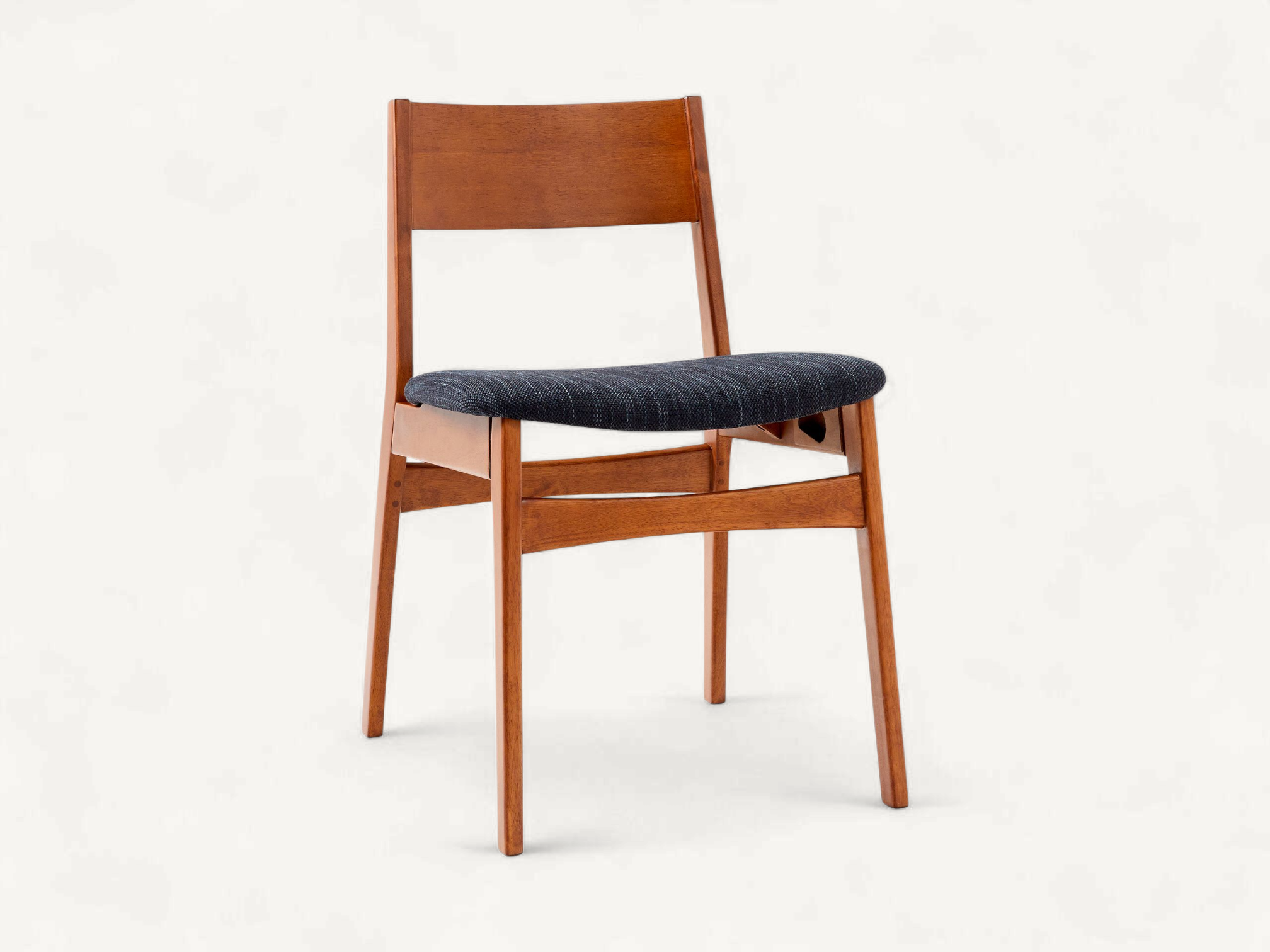 Mid-Century Modern solid teak armchair with angular wooden frame and charcoal grey upholstery.