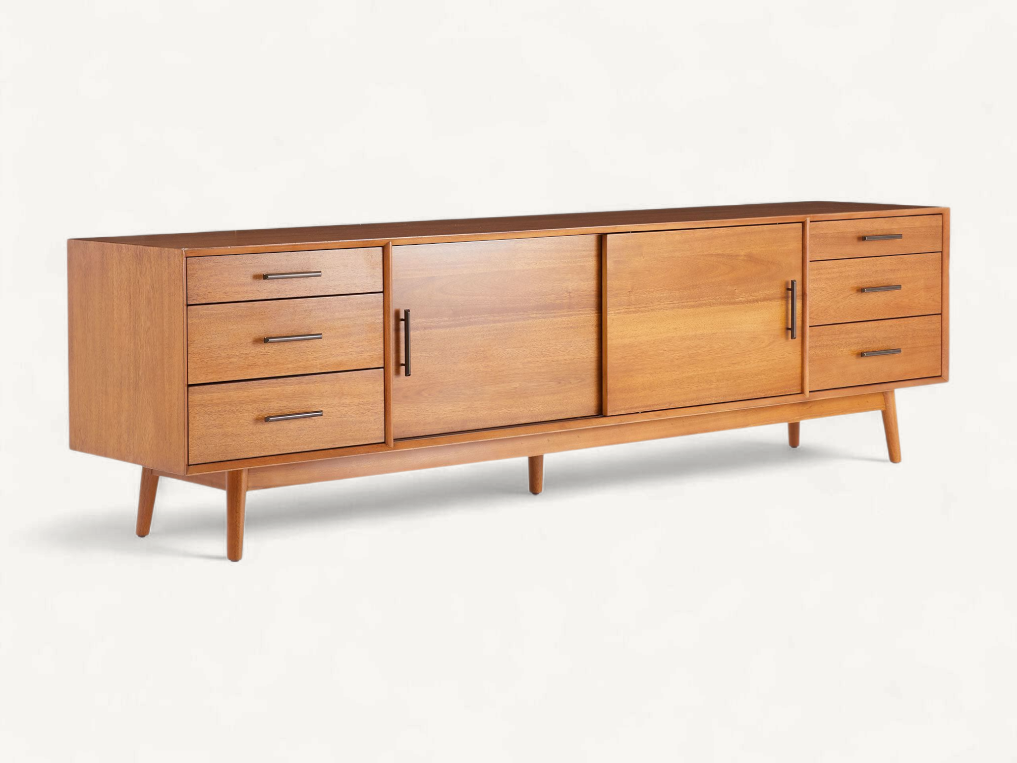 Mid-century modern teak wood TV console featuring tapered legs, six side drawers with dark metal handles, and two central sliding doors on a white background.