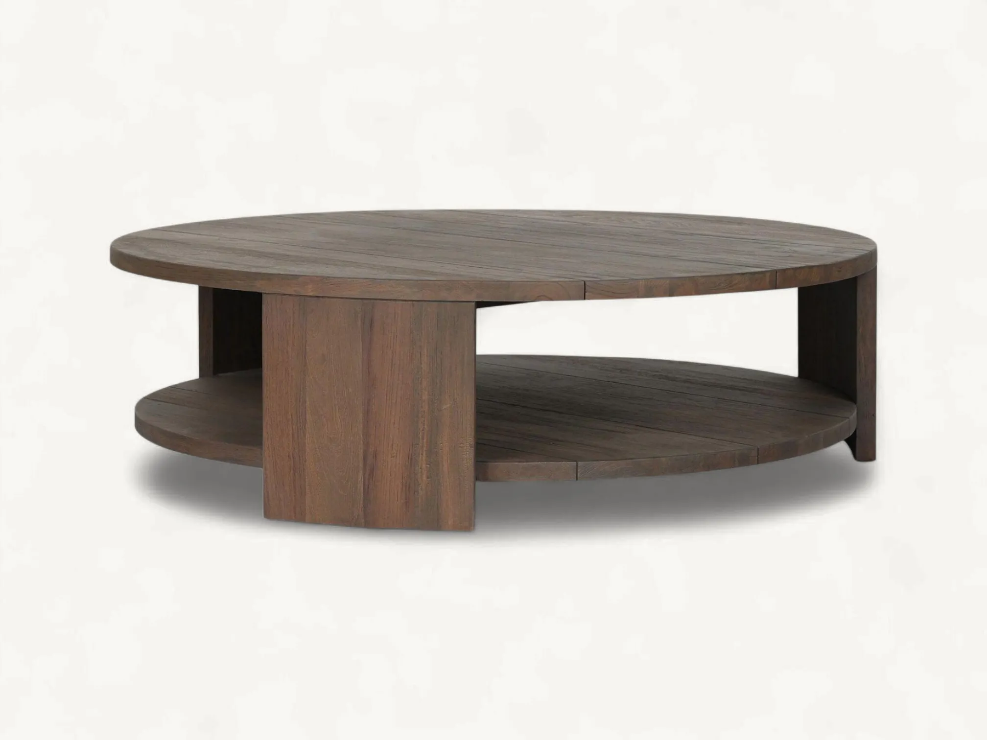 Round two-tier coffee table made of solid teak wood with a natural brown finish.