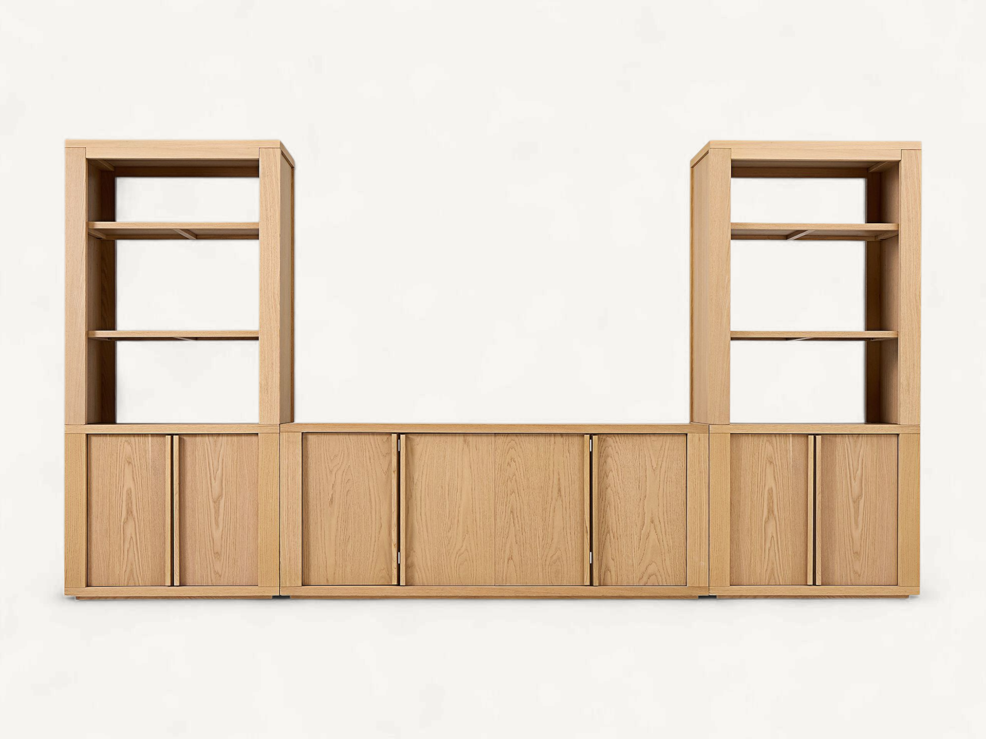 Japandi-style solid teak media console with vertical slatted sliding doors and slim black metal legs.