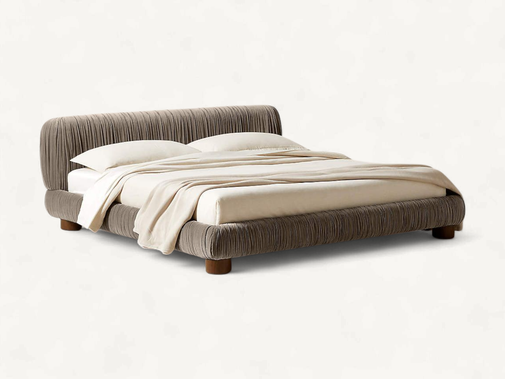 Natural teak wood platform bed featuring a clean rectangular headboard inlaid with woven rattan webbing panels, smooth rounded frame corners, and an integrated wood slat support system.