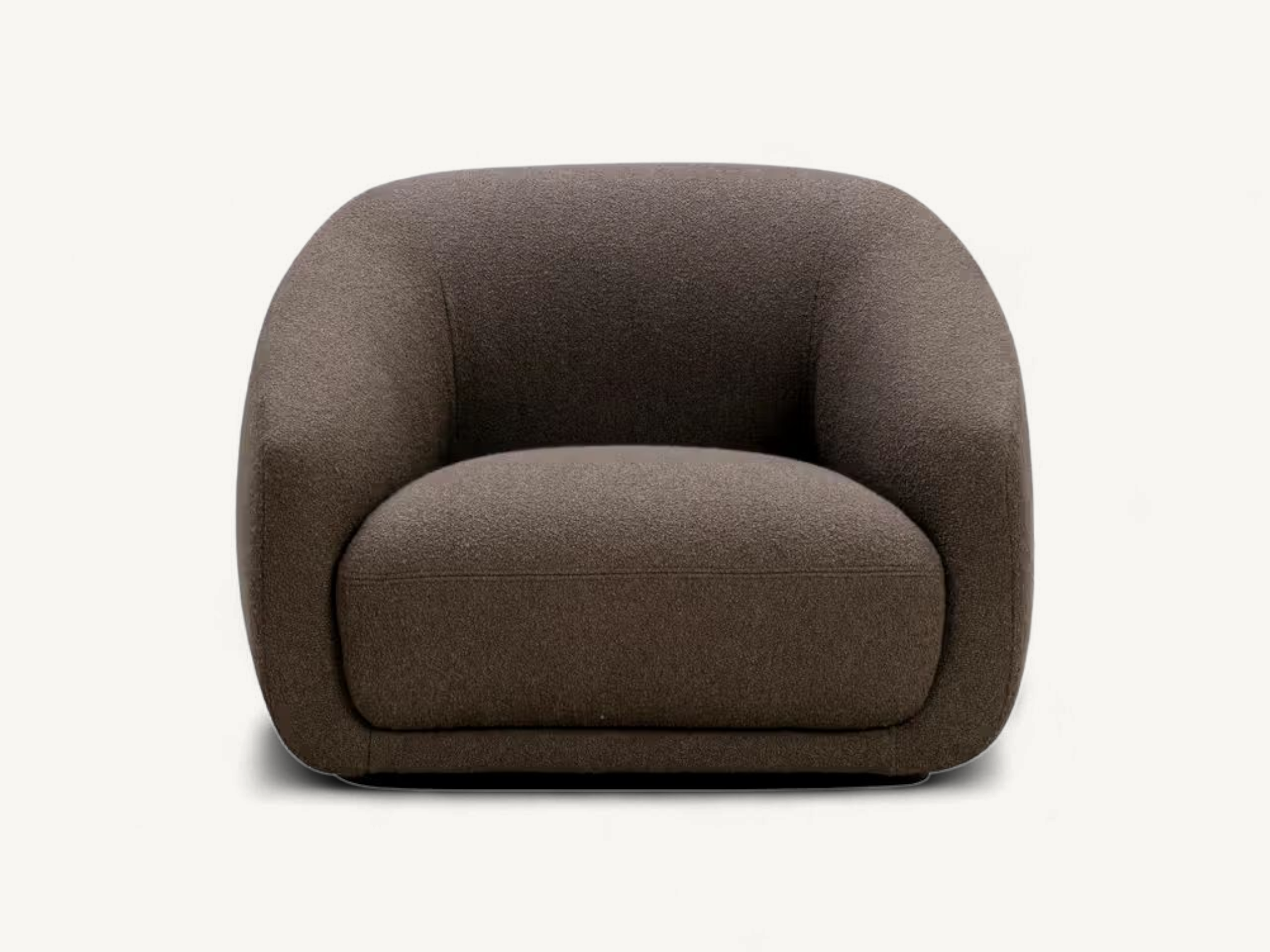 Modern curved lounge chair with dark brown textured fabric upholstery in a minimalist white interior setting.