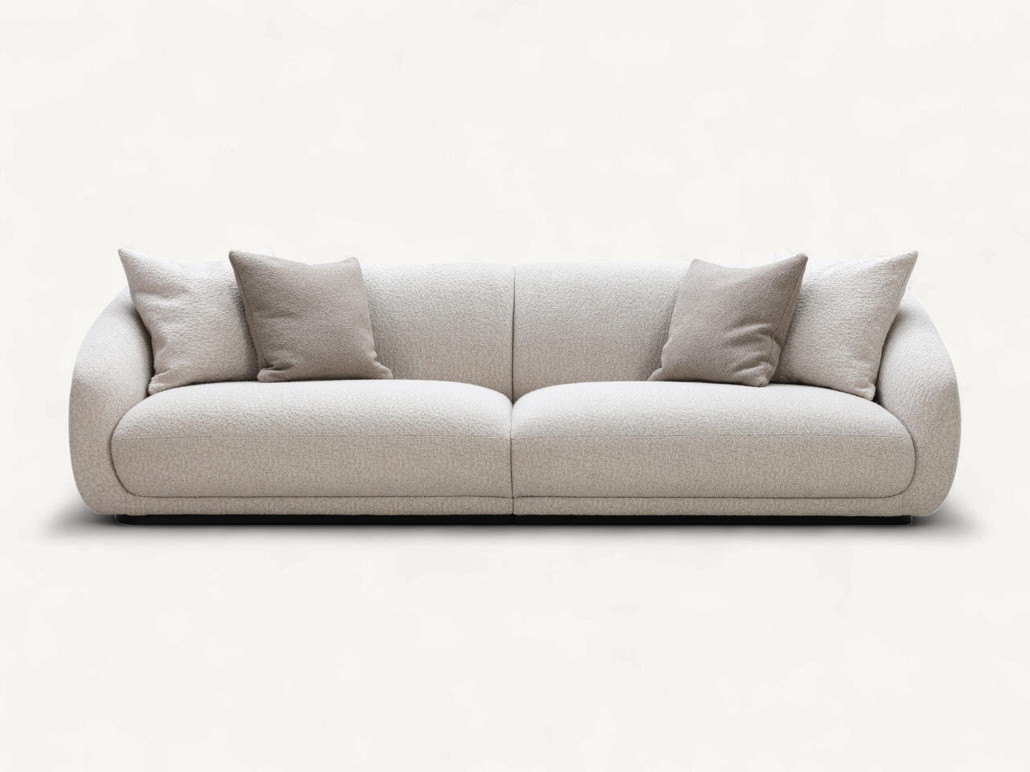 Modern organic curved sofa in textured light grey bouclé fabric with hidden teak wood base.