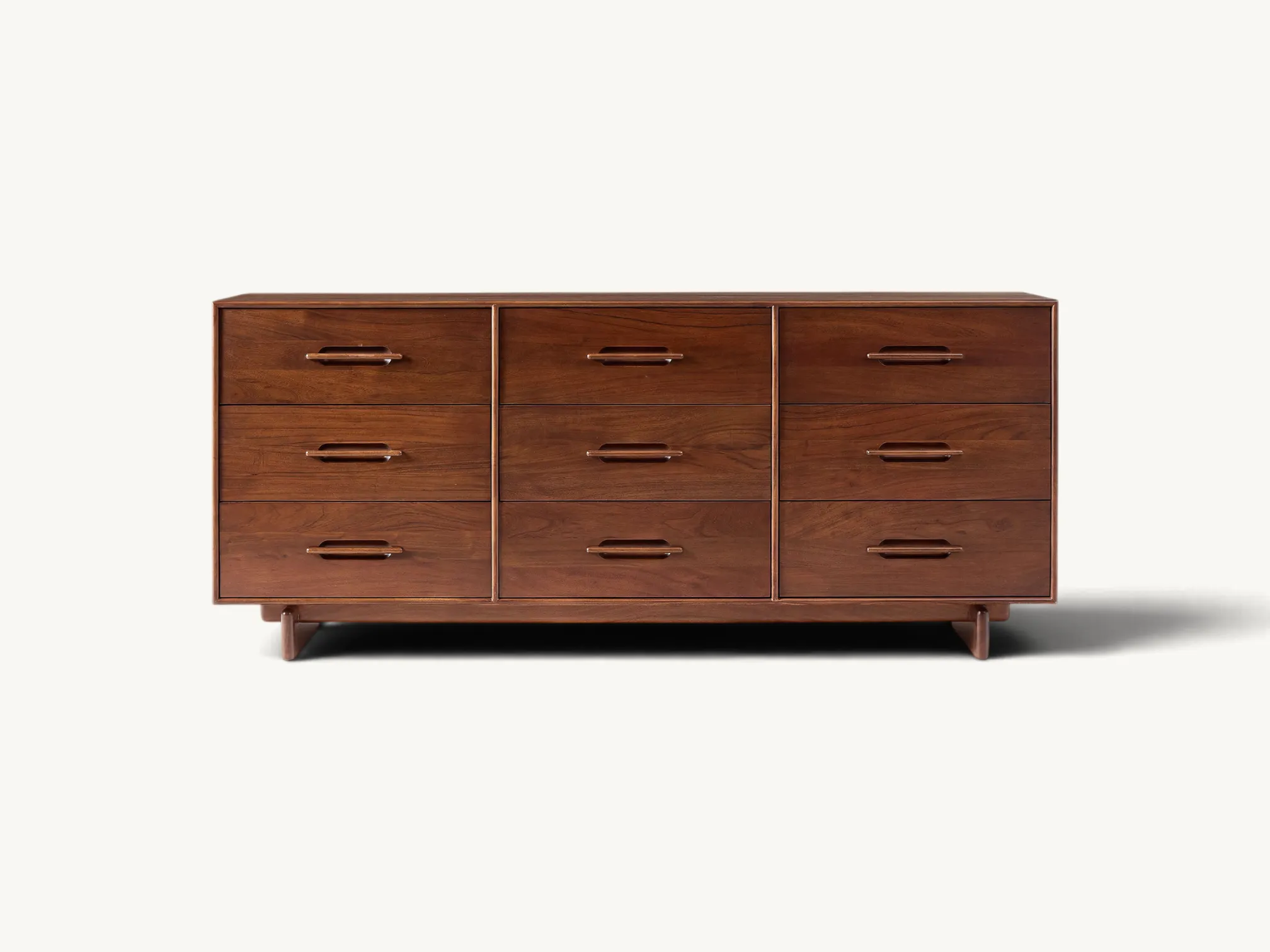 Nine drawer wooden dresser sideboard with integrated horizontal handles in a rich warm brown finish