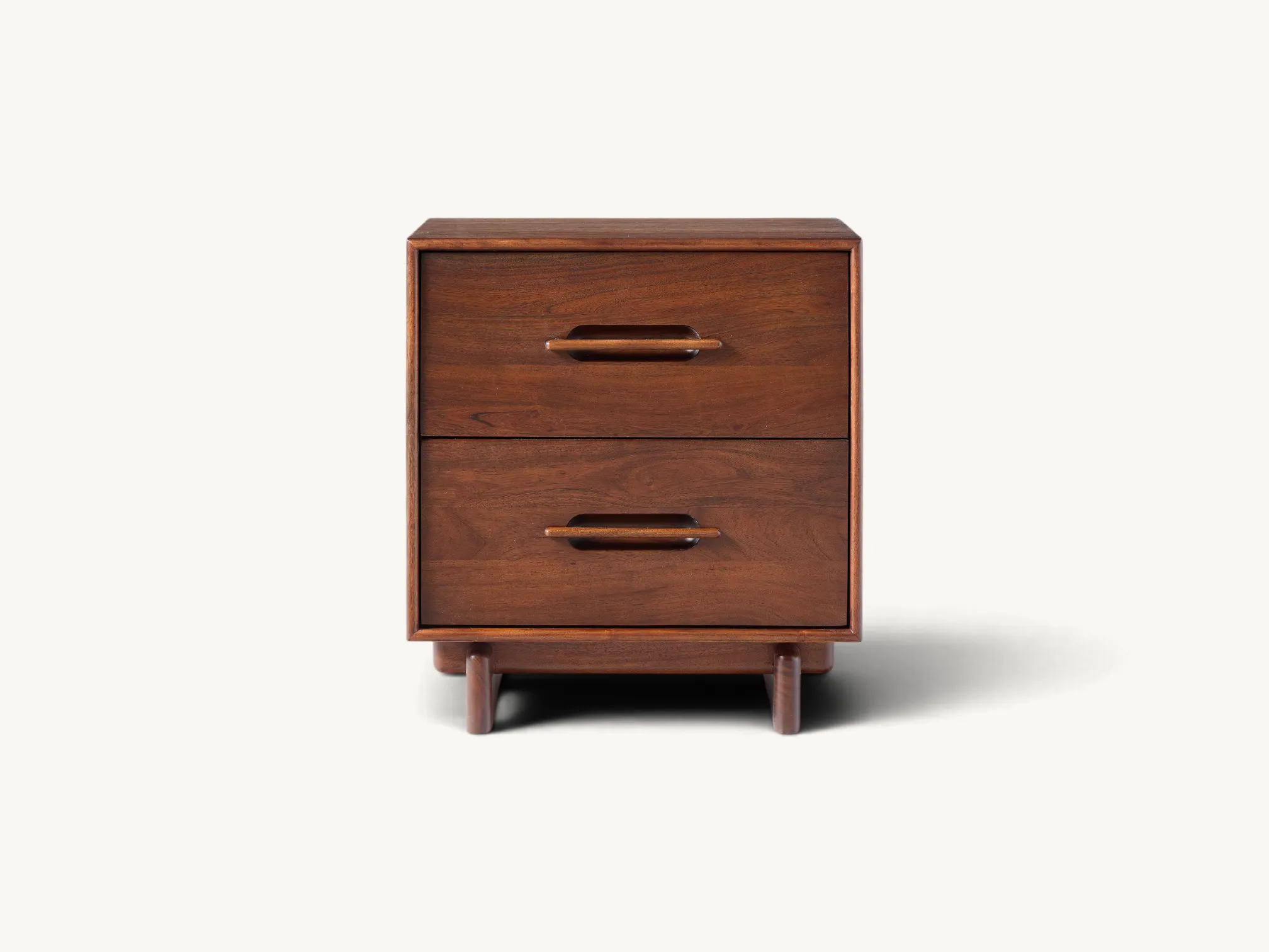 Wooden two drawer nightstand with integrated wooden handles and plinth base in rich warm brown finish