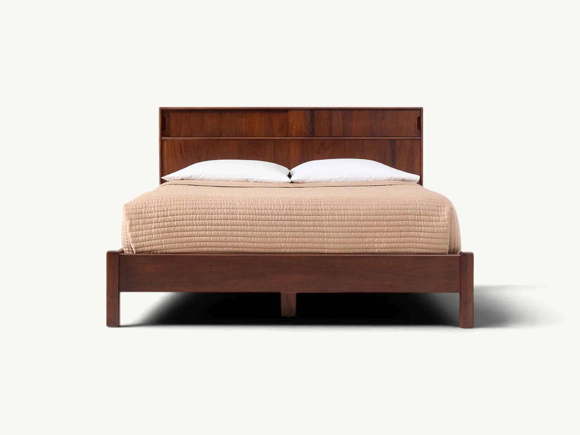 Wooden platform bed frame with built in storage headboard featuring sliding cabinet doors in rich brown finish