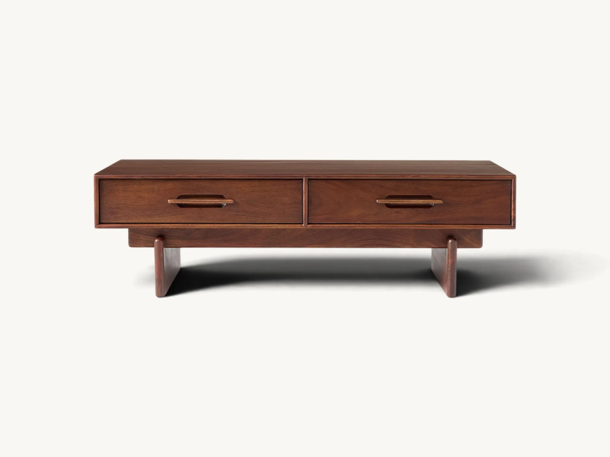 Wooden storage coffee table with two pull out drawers and integrated wooden handles in rich warm brown finish