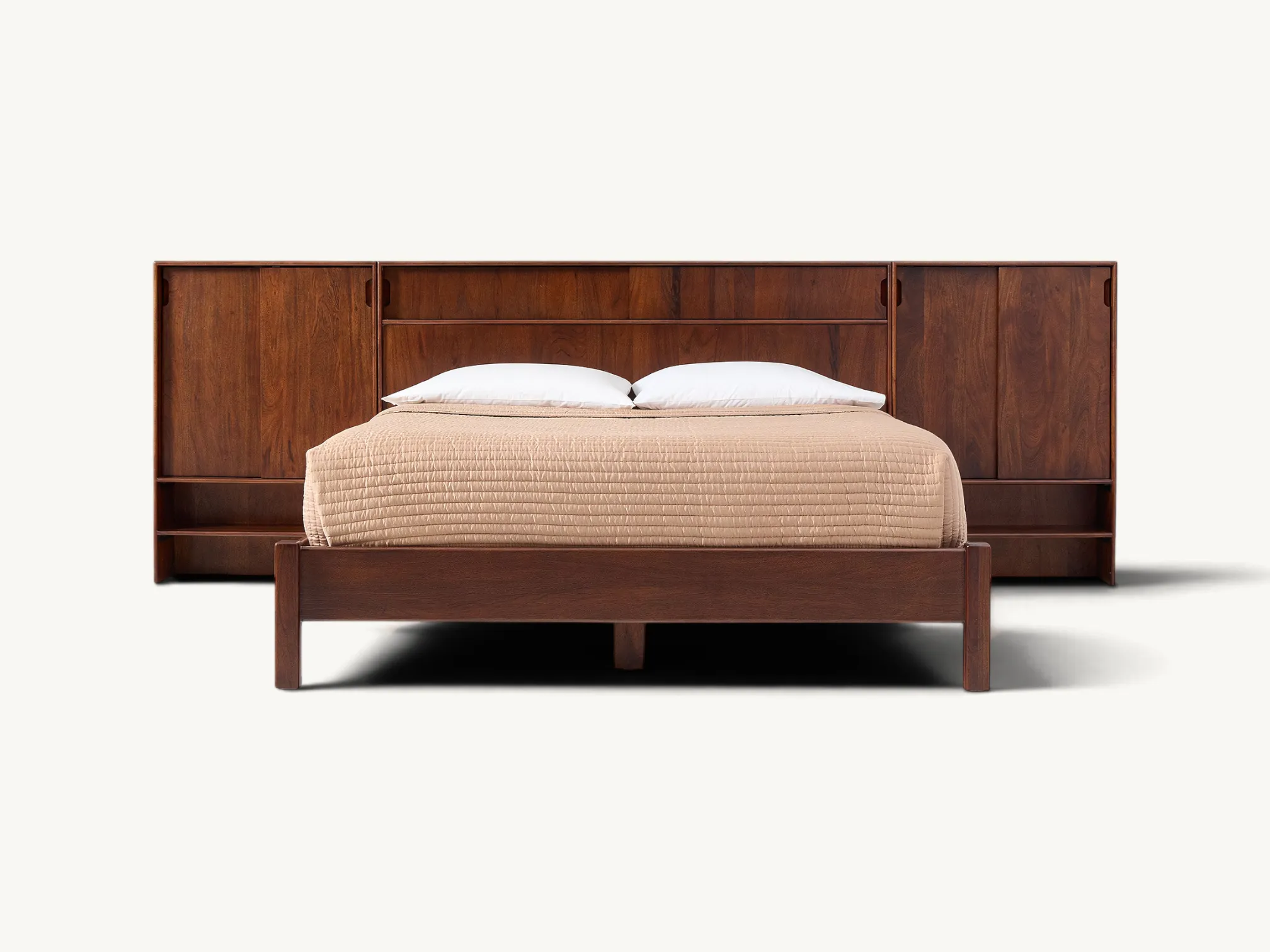 Solid wooden platform bed frame featuring an extended storage headboard with integrated side cabinets and sliding doors in rich warm brown finish