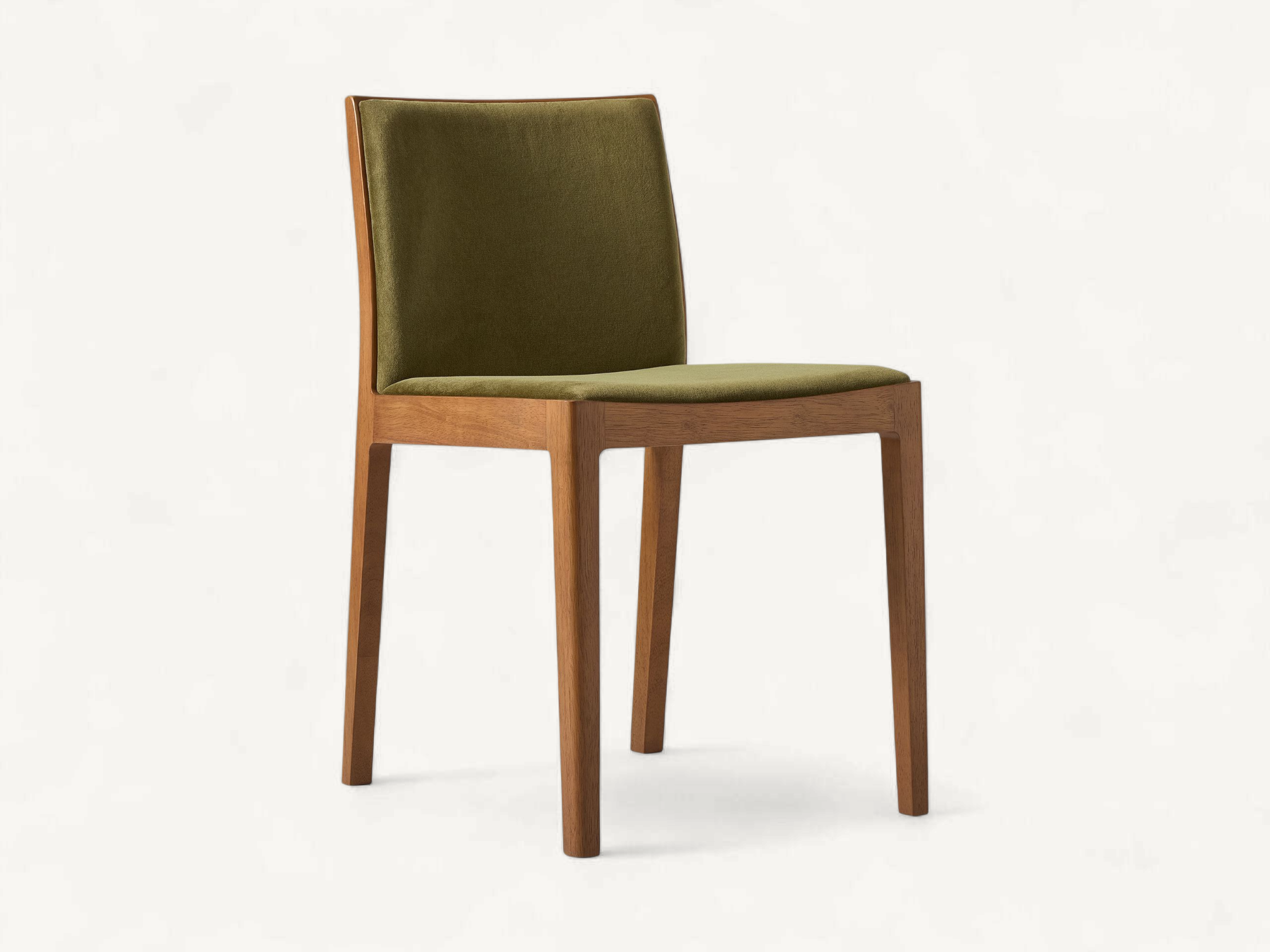 Minimalist solid teak wood dining chair with olive green velvet upholstery and clean square frame.
