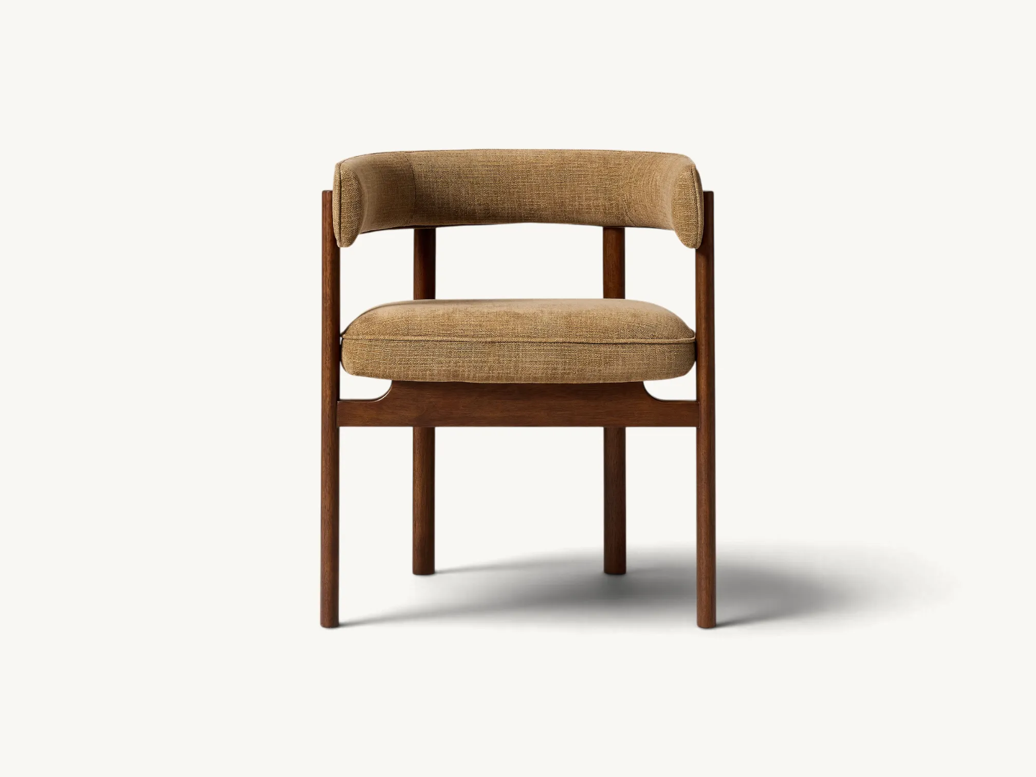 Upholstered dining barrel chair with curved backrest and solid wooden frame in warm brown textured fabric