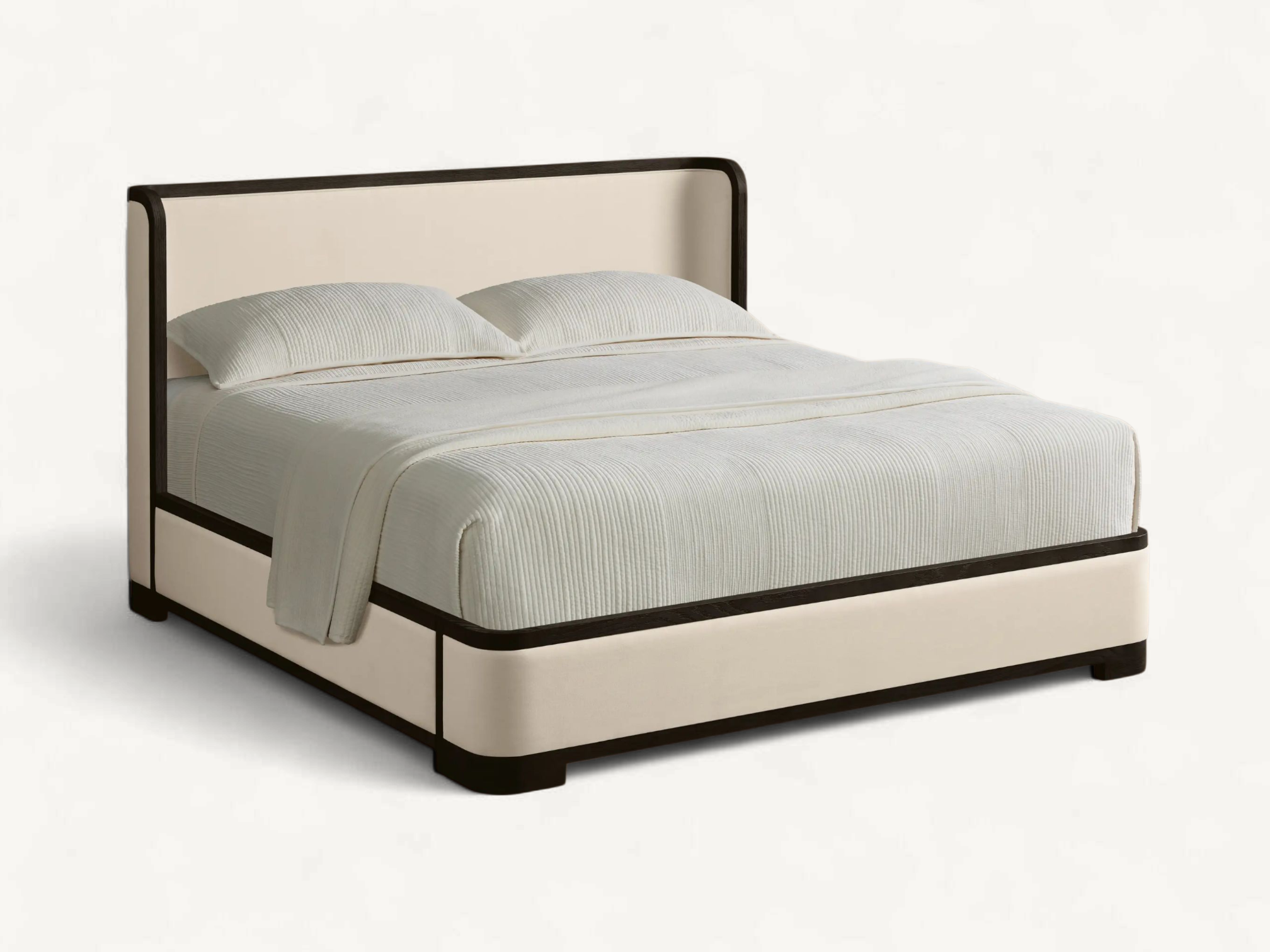 Modern teak wood bed frame with cream upholstery, dark wood trim, curved headboard, and contemporary minimalist design.