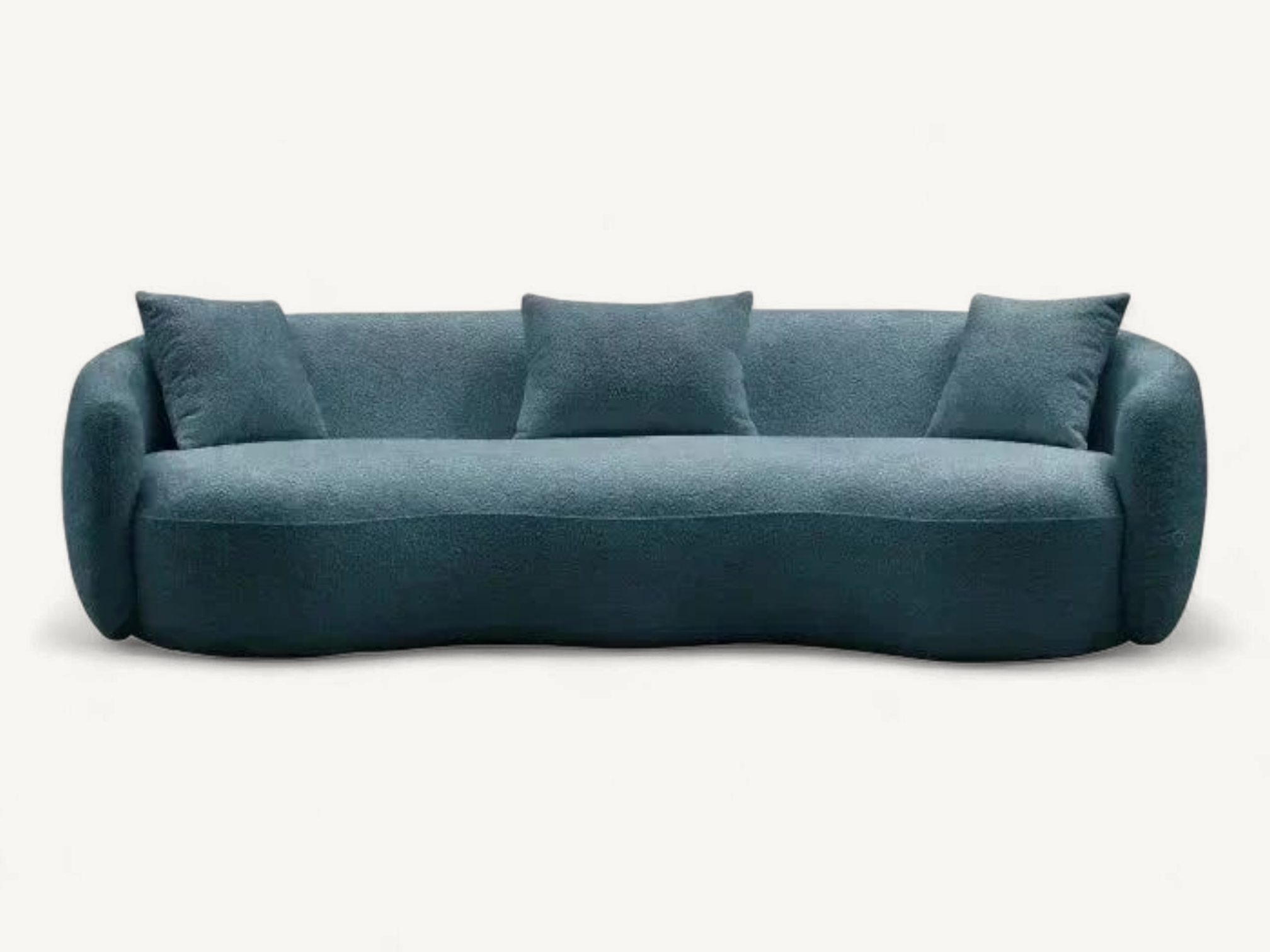 Organic curved 3-seater sofa in teal bouclé fabric with internal teak wood frame, modern kidney-shaped upholstered sofa for contemporary living room.