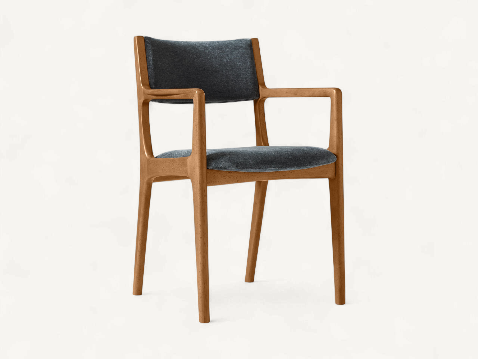 Mid-Century Modern teak wood armchair with integrated armrests and charcoal grey fabric seat.