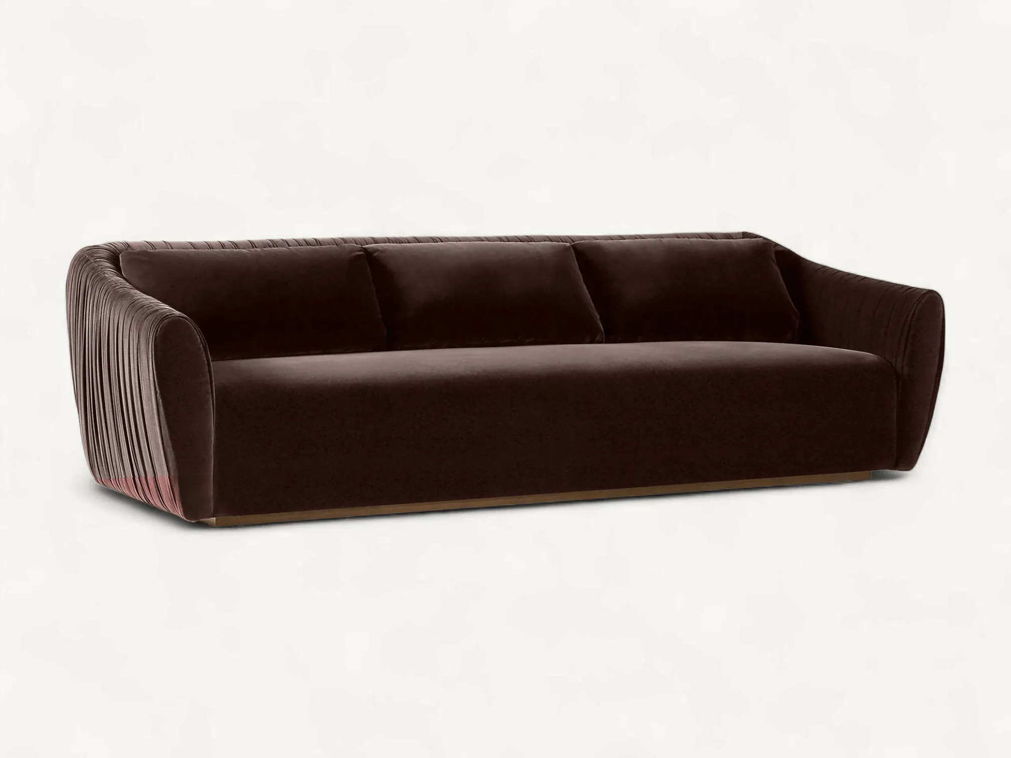 Modern deep brown velvet sofa with pleated side details and a solid teak wood base.