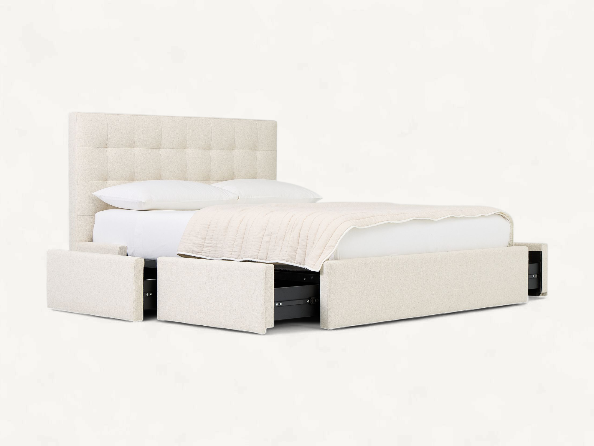 Modern cream upholstered storage bed frame with tufted headboard and built-in drawers.