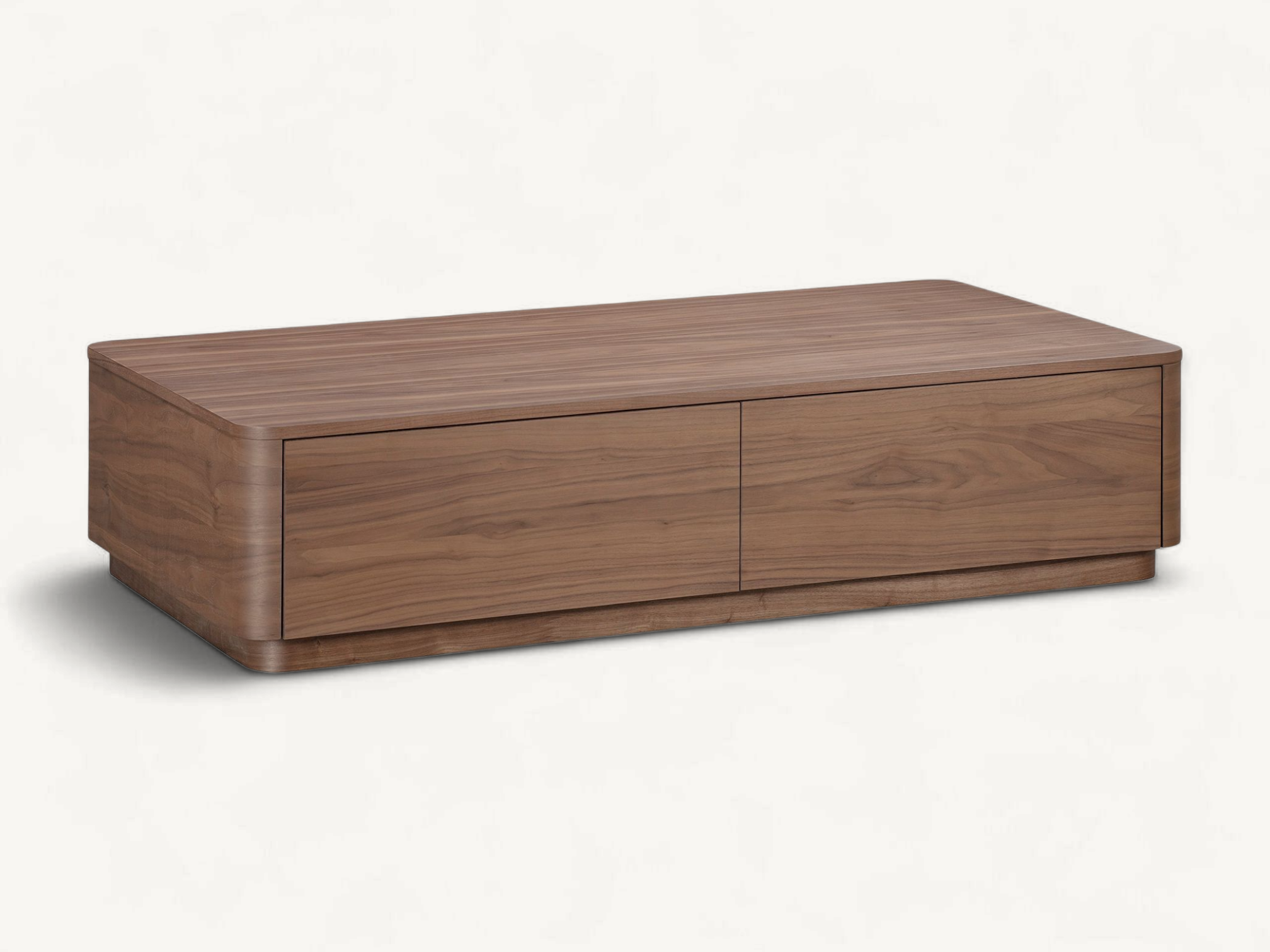 Minimalist rectangular teak wood storage coffee table with rounded corners and two seamless handleless drawers on a recessed plinth base.