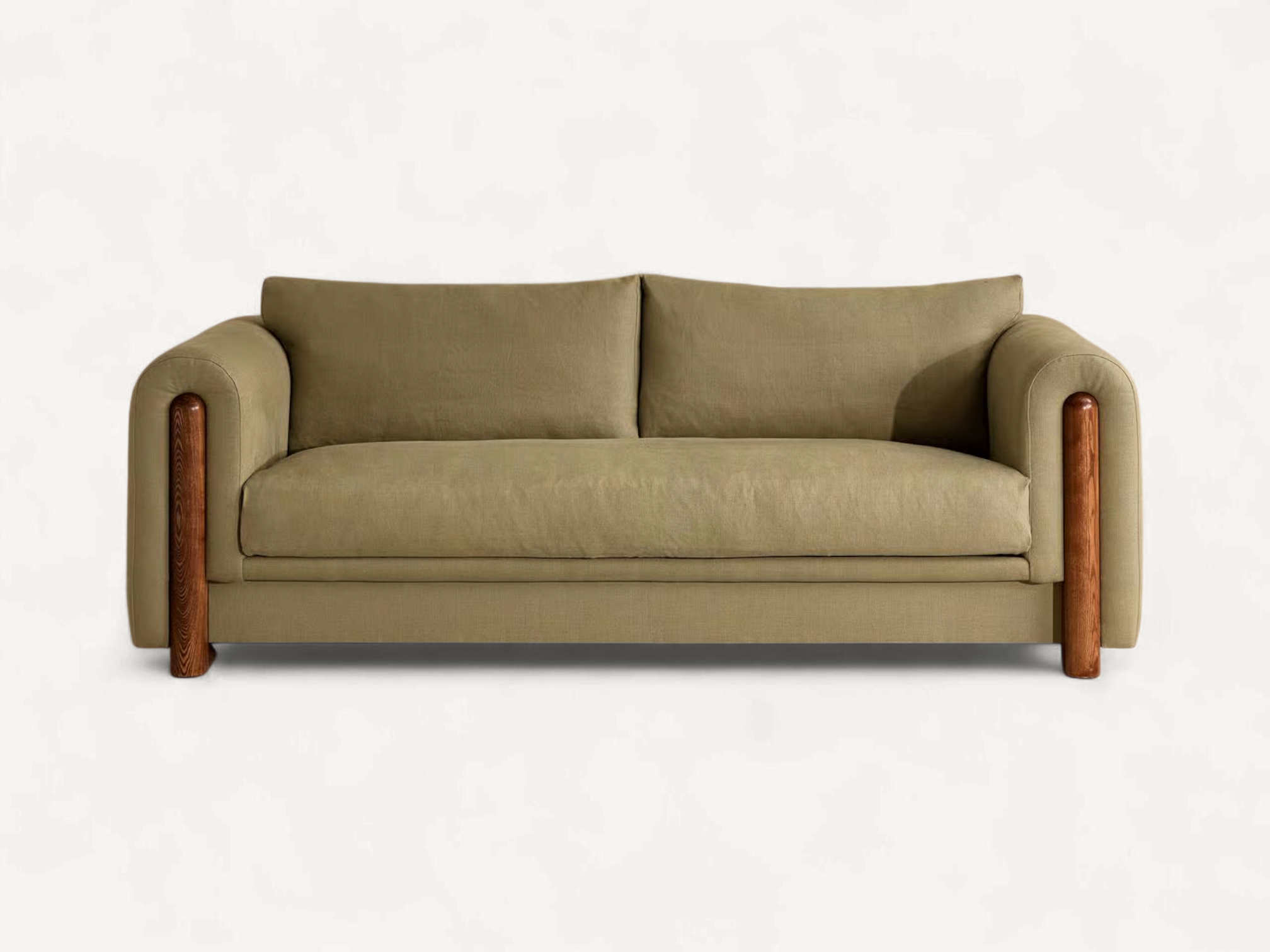 Mid-Century Modern 2-seater sofa with olive green upholstery, exposed teak wood cylindrical arm accents, and a comfortable boxy silhouette.