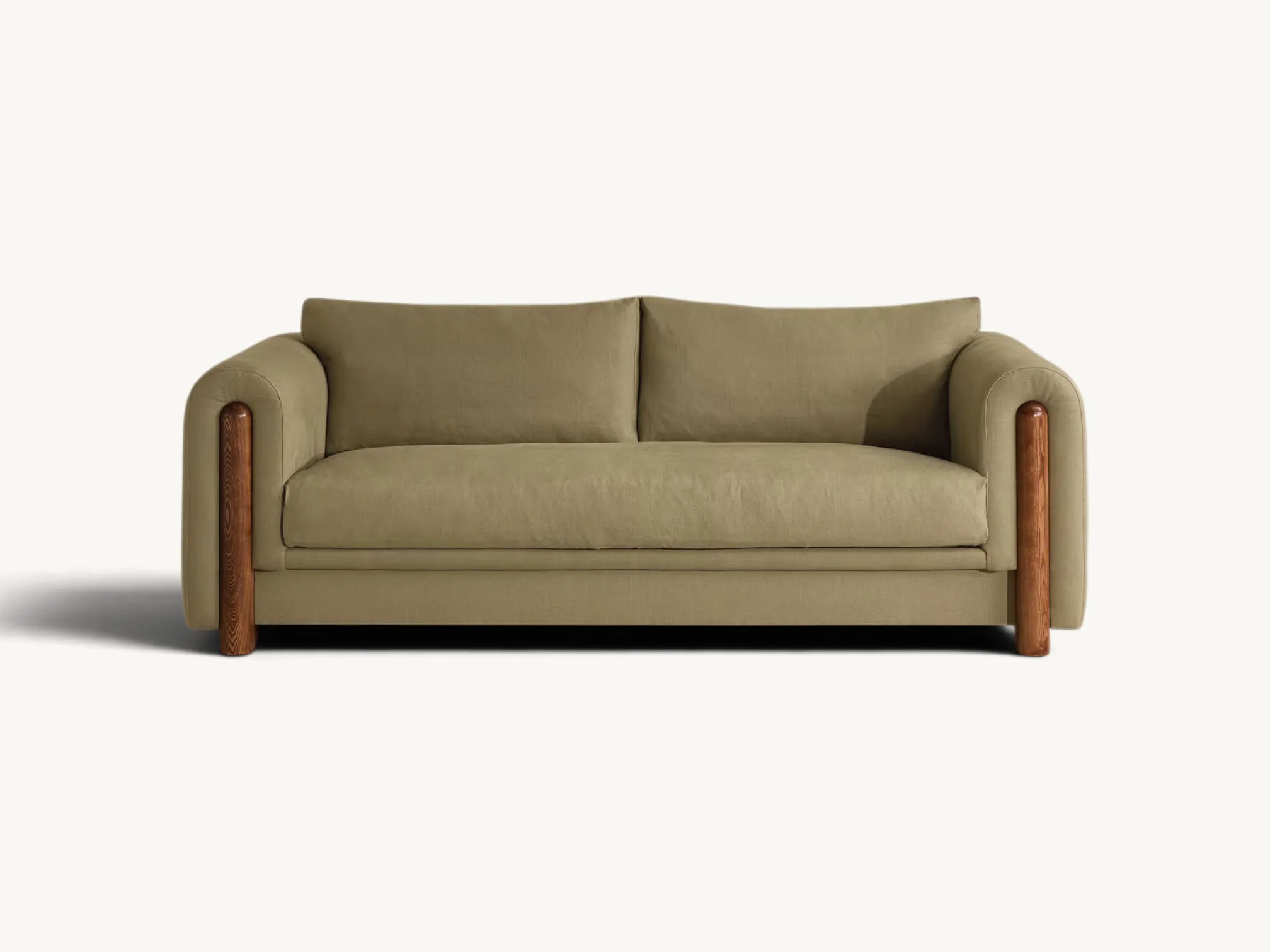 Mid-Century Modern 2-seater sofa with olive green upholstery, exposed teak wood cylindrical arm accents, and a comfortable boxy silhouette.