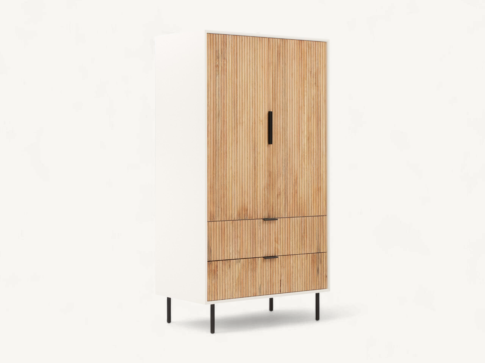 Modern wardrobe with white bodi, slatted teak wood door panels, and slim black metal legs.