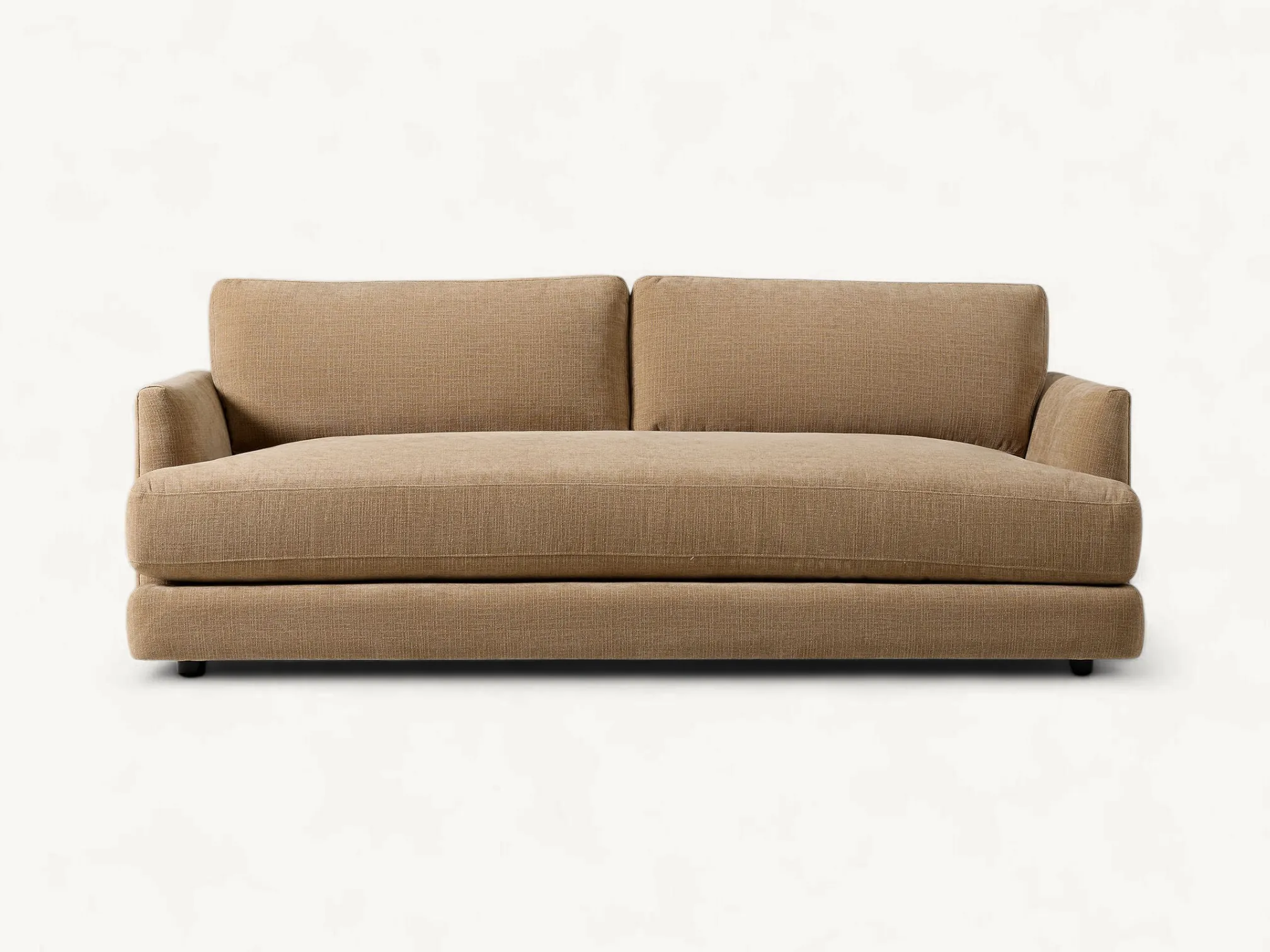 Modern minimalist structured sofa in tan textured fabric with clean linear design.