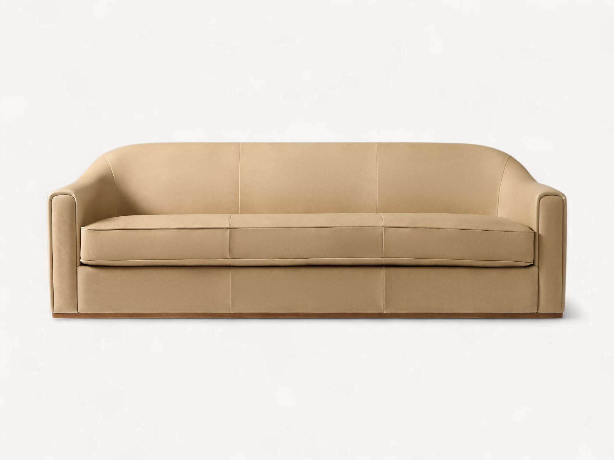 Modern 3-seater sofa in tan leather with sloping silhouette and solid teak wood base, contemporary upholstered leather sofa for luxury living room interior.