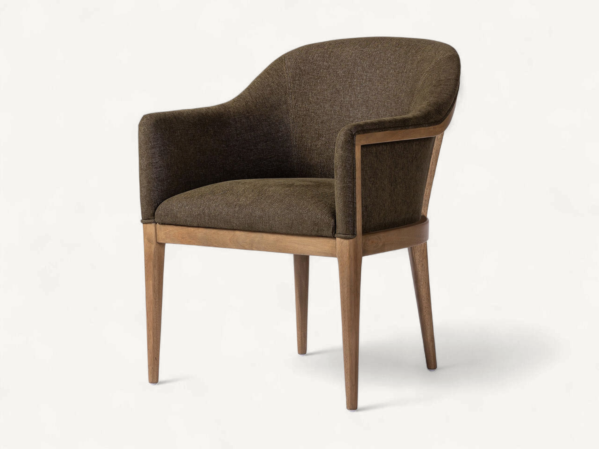 Mid-Century teak dining chair with curved backrest and dark brown upholstery.