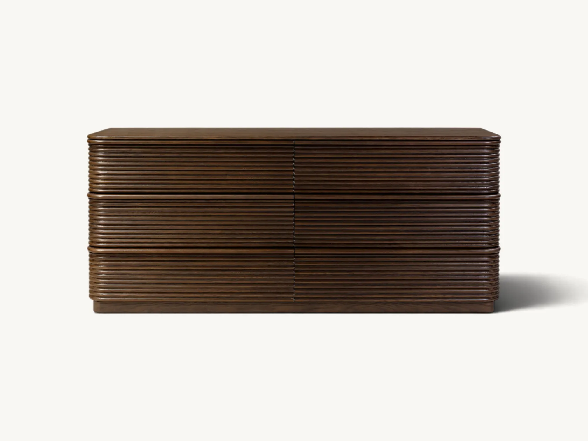 Wooden six drawer dresser credenza with reeded fluted detailing and rounded corners in dark brown wood finish