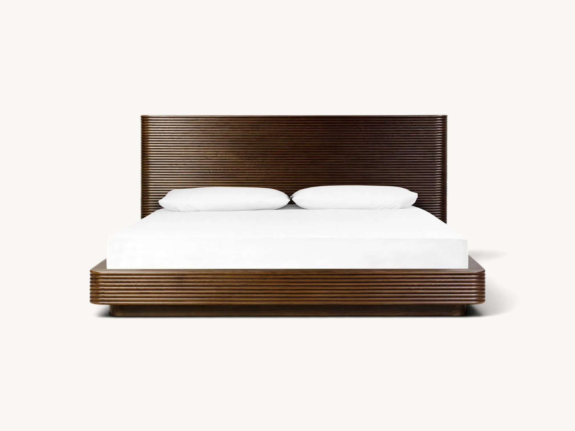 Wooden platform bed frame featuring reeded fluted headboard design with rounded corners in rich dark wood finish