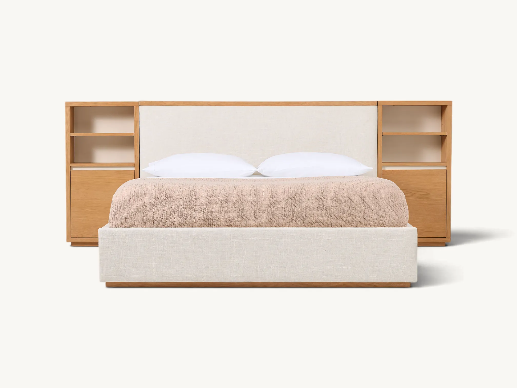Upholstered platform bed frame in cream fabric with light wood storage headboard, lift top compartment, and integrated side cabinets