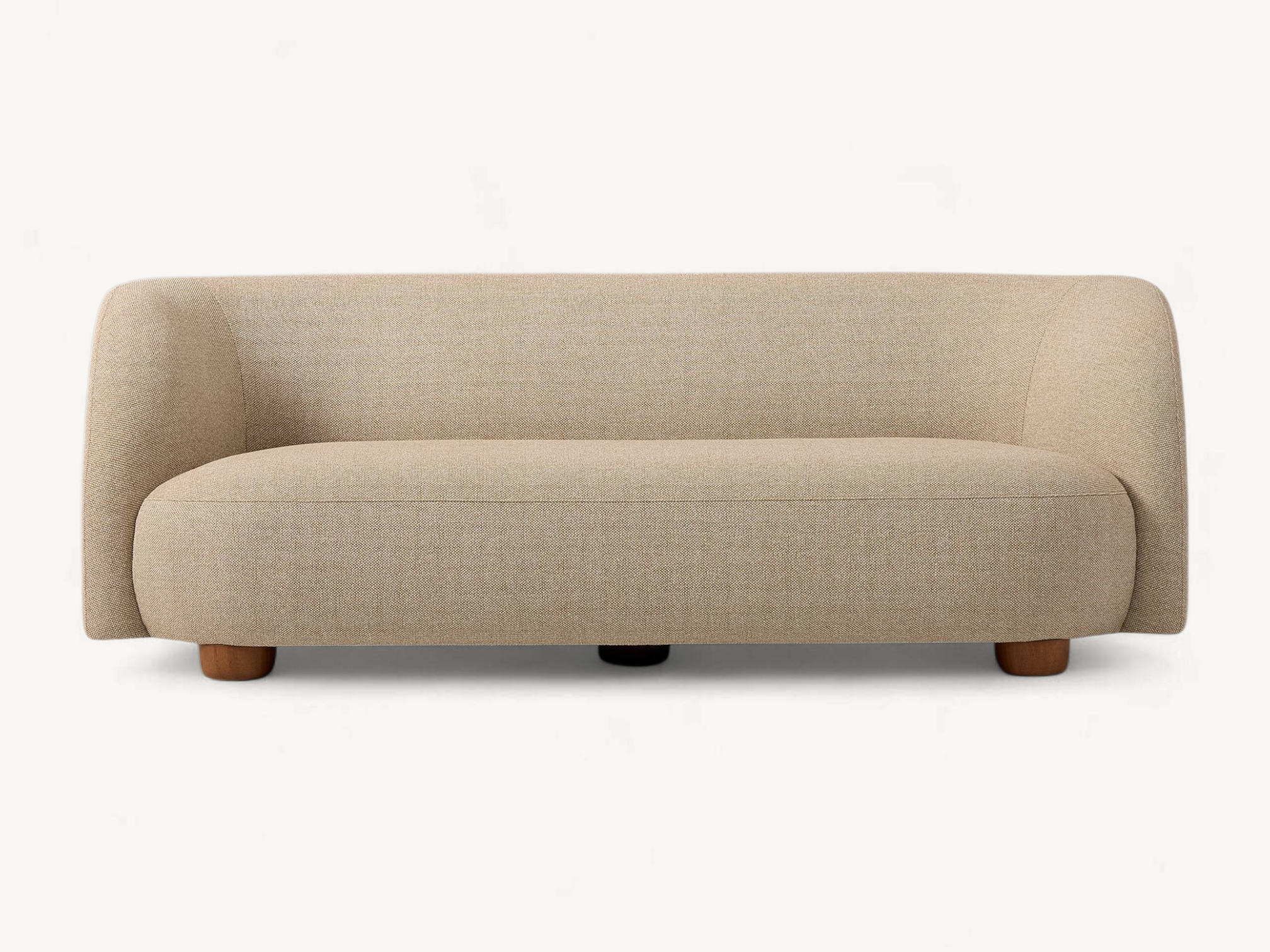 Modern beige textured fabric sofa with rounded teak wood legs, minimalist 3-seater sofa with curved silhouette for contemporary interior design.