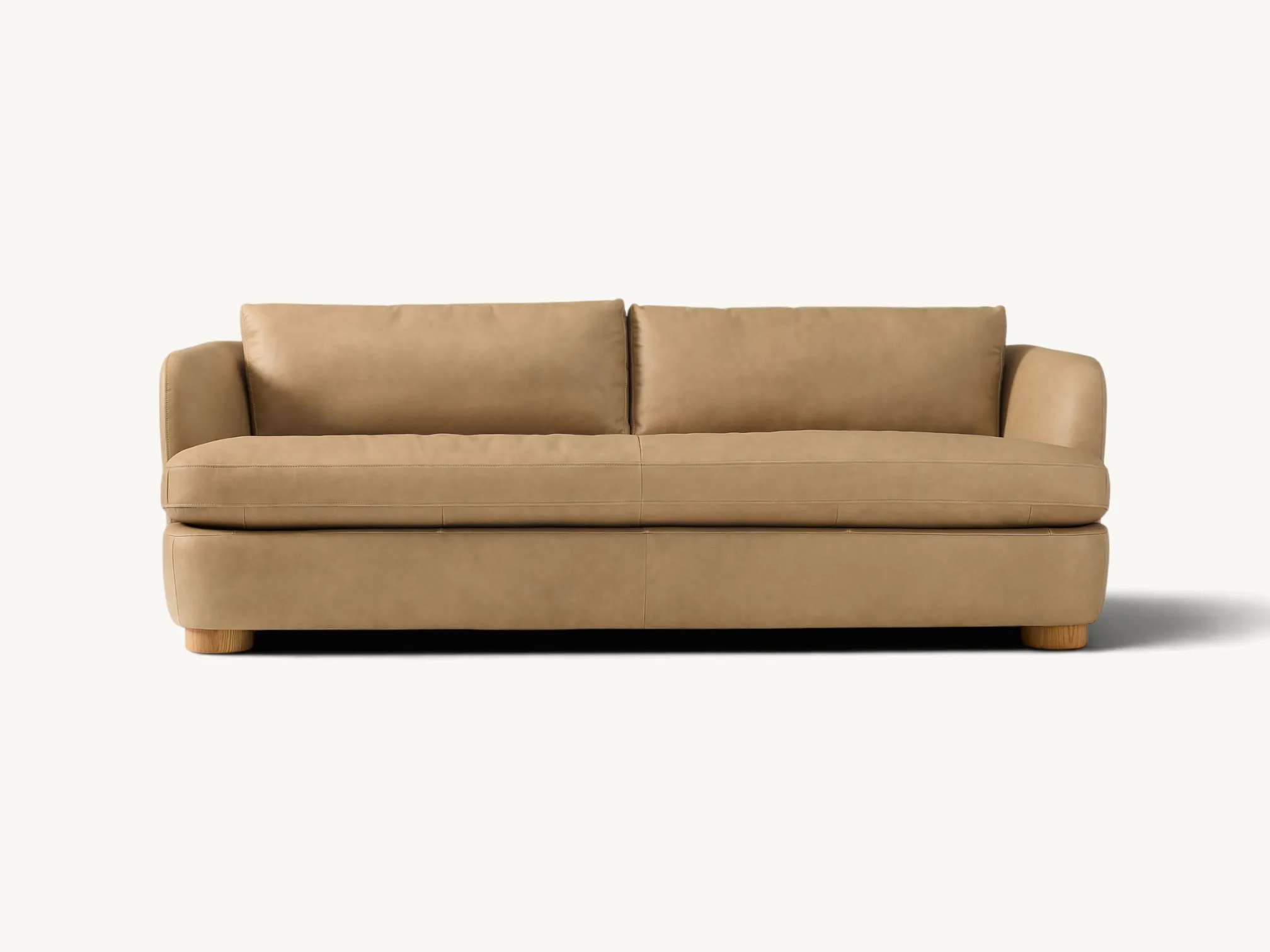 Contemporary 2-seater sofa in dusty blue velvet with rounded teak wood legs, modern upholstered loveseat with curved backrest for stylish living room.