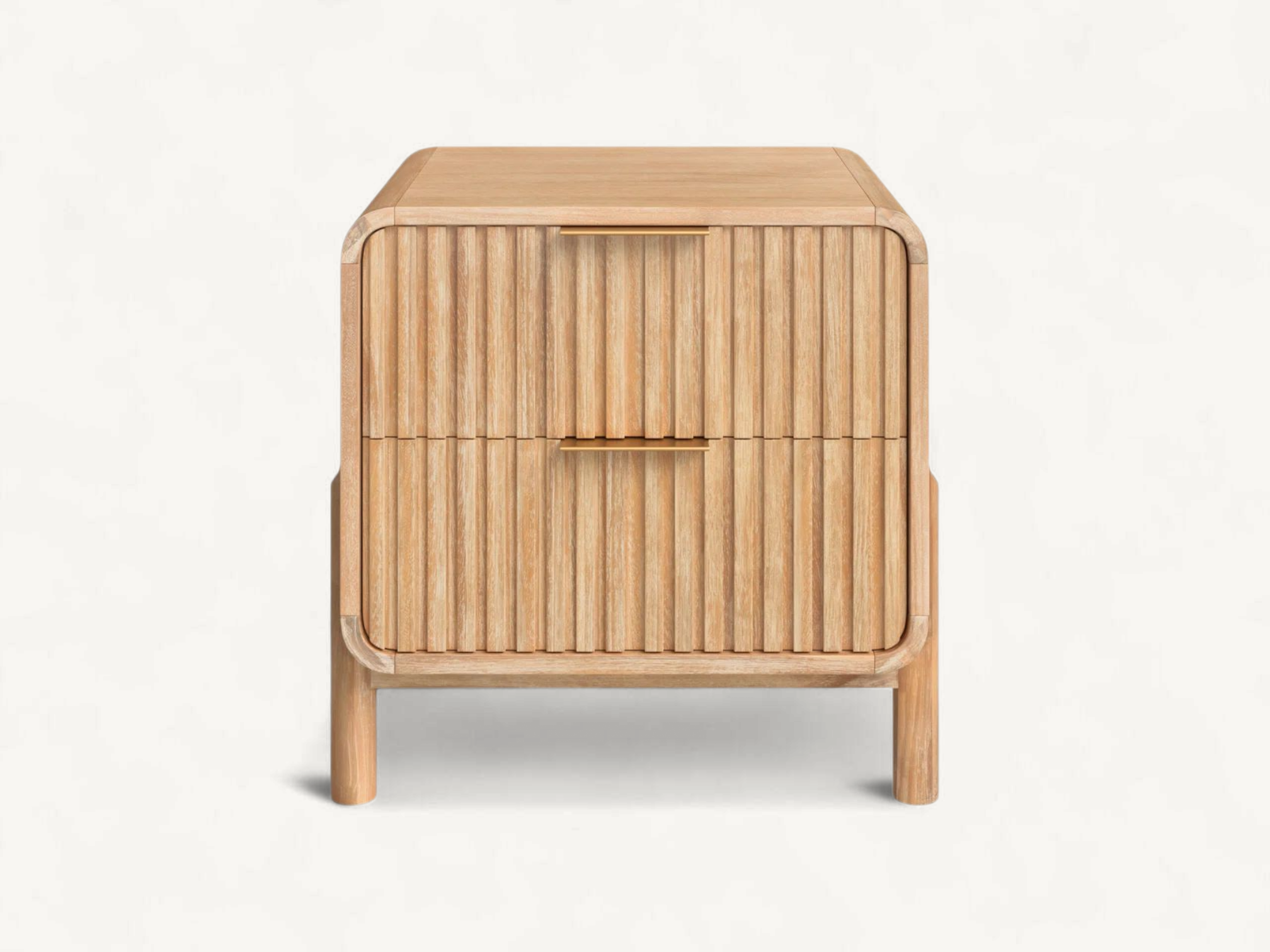 Solid teak wood bedside table with two drawers featuring elegant oval finger pulls and classic tapered legs.